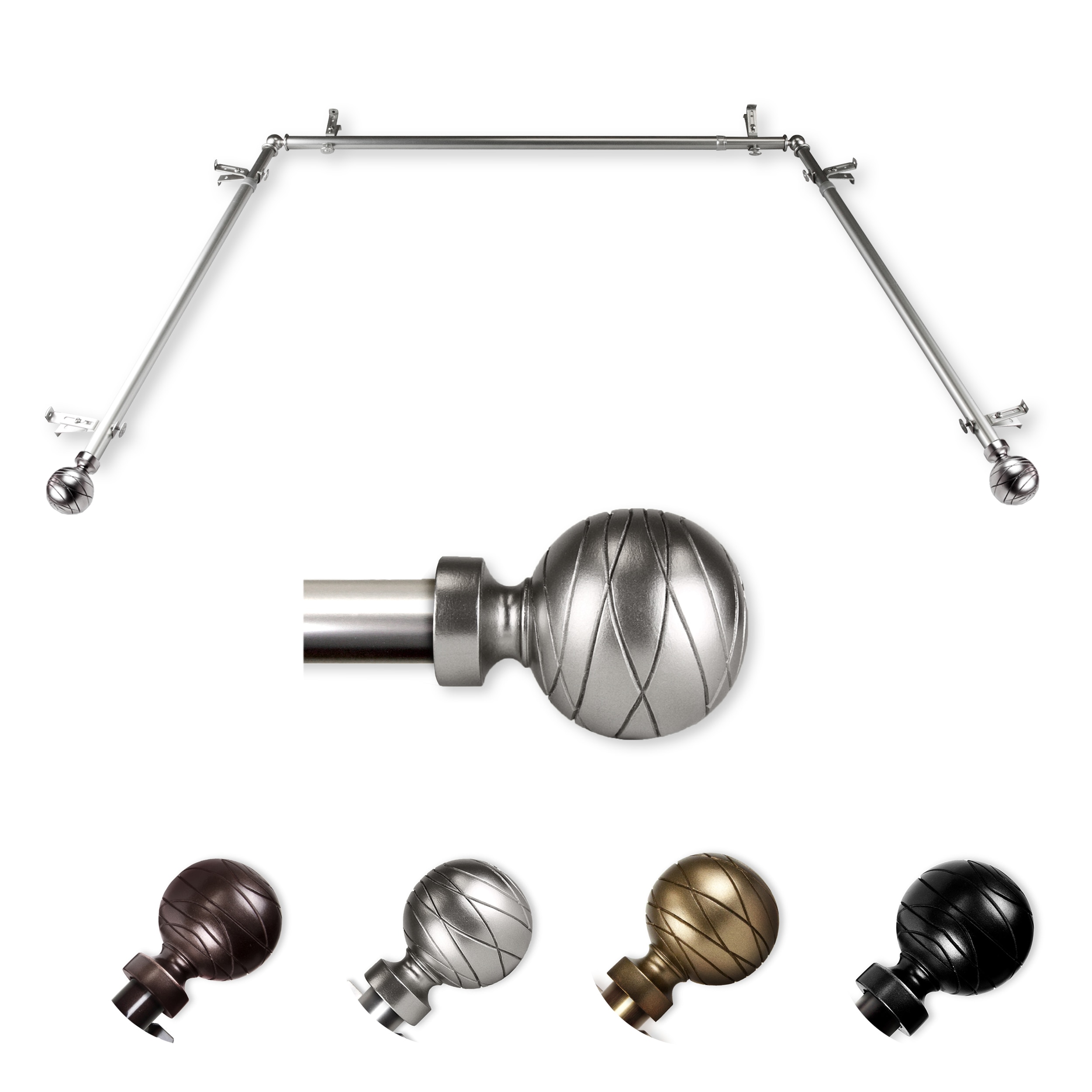 Hart & Harlow LO-ABAY-84-5 72-in to 144-in Satin Nickel Steel Bay window curtain rod with Finials