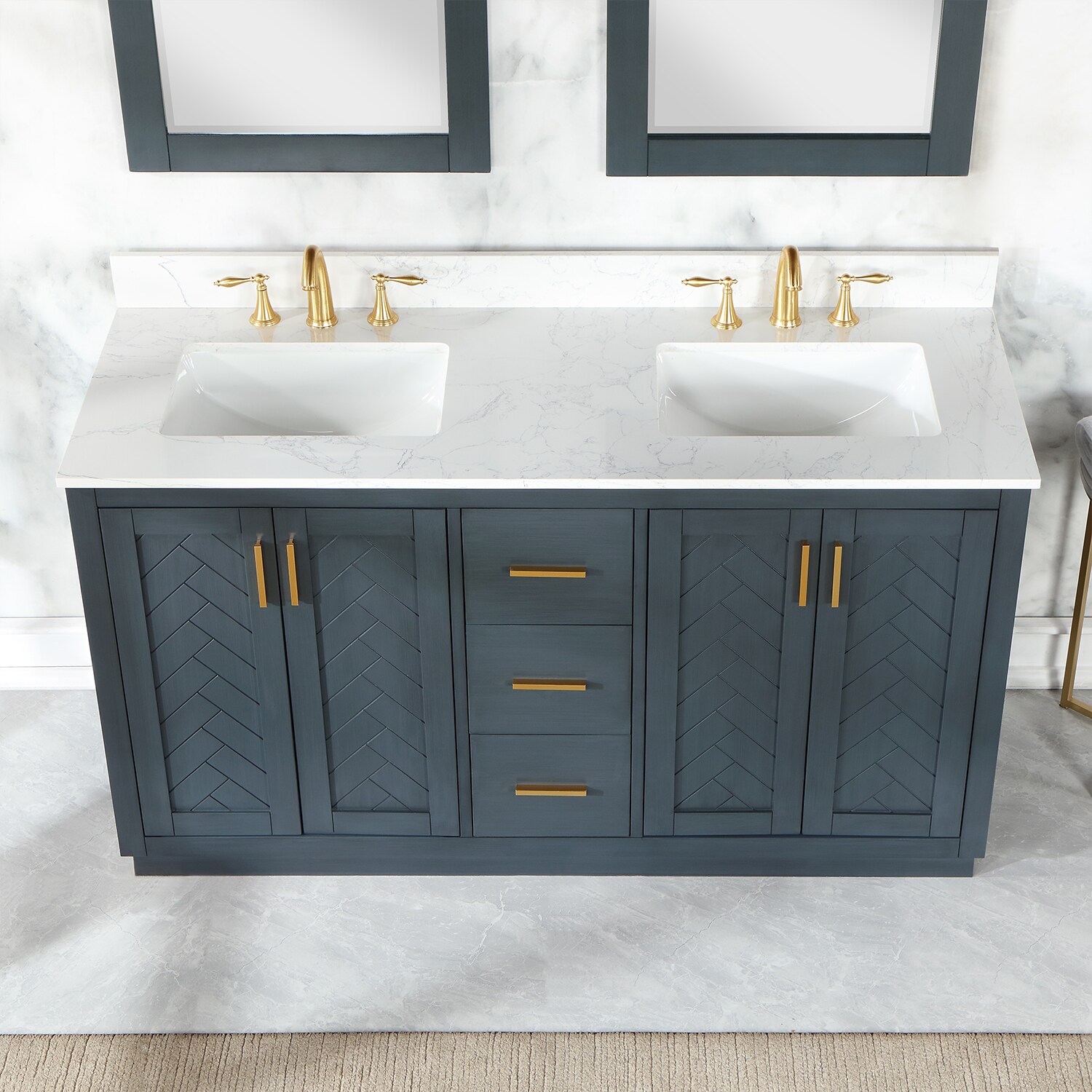 Altair Gazsi 60 In Classic Blue Undermount Double Sink Bathroom Vanity With Grain White