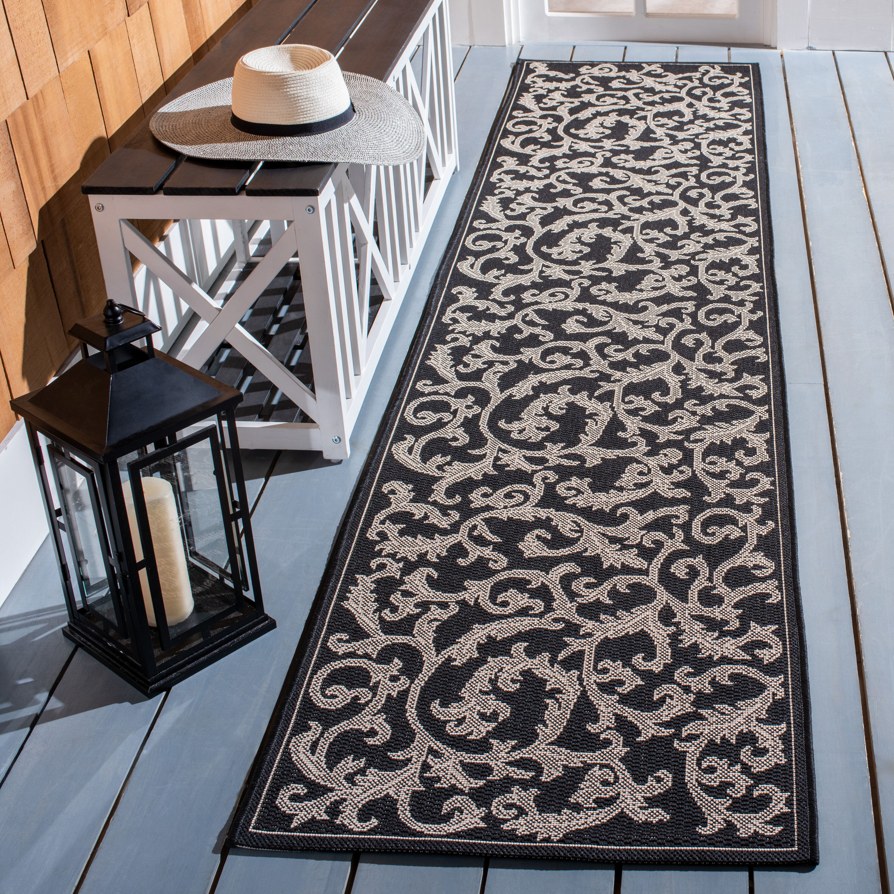 Safavieh CY2653-3908-210 Courtyard Vintage Vine 2 x 10 (ft) Loomed Polypropylene Black/Sand Rectangular Indoor/Outdoor Floral/Botanical Coastal Runner rug