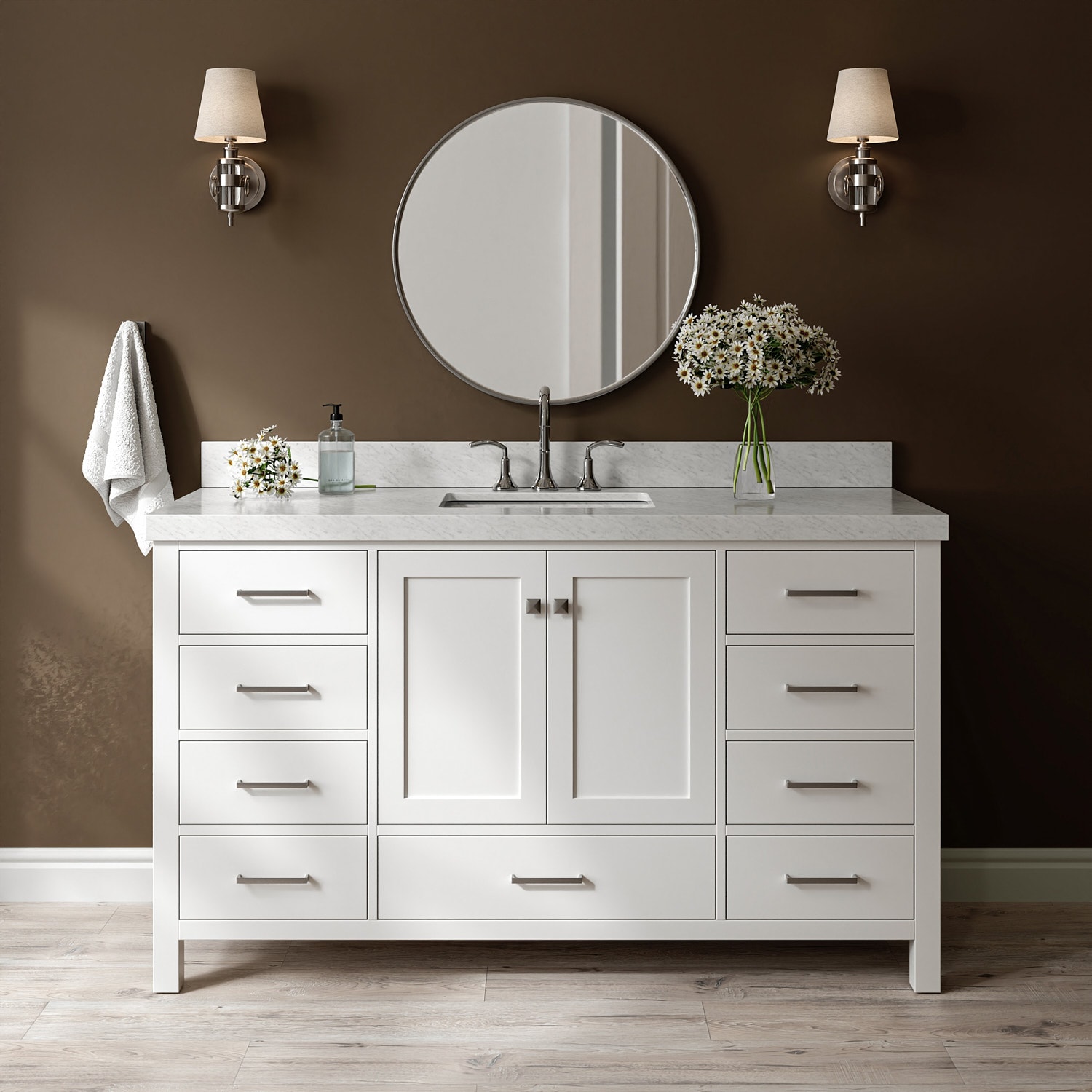 ARIEL A060SCW5RVOWHT Cambridge 60-in White Undermount Single Sink Bathroom Vanity with 2" Carrara White Marble Quartz Top