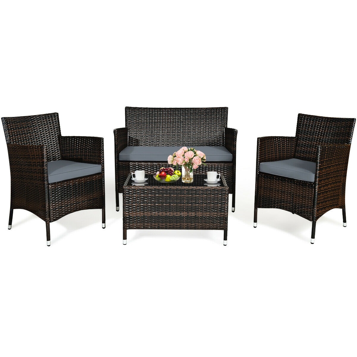 Rattan Patio Furniture 4 Piece Set Conversation Sets Chair Outdoor Sofa Table 