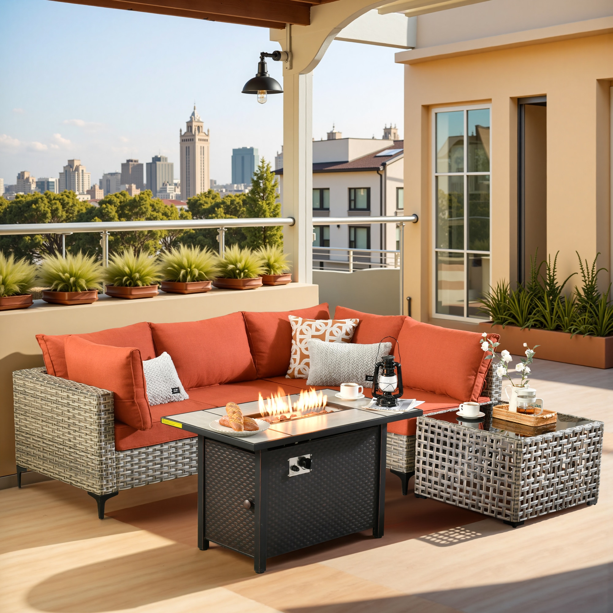Pouuin CFPSKT80C5 Wicker Outdoor Sectional with Red Cushions and Wicker Frame
