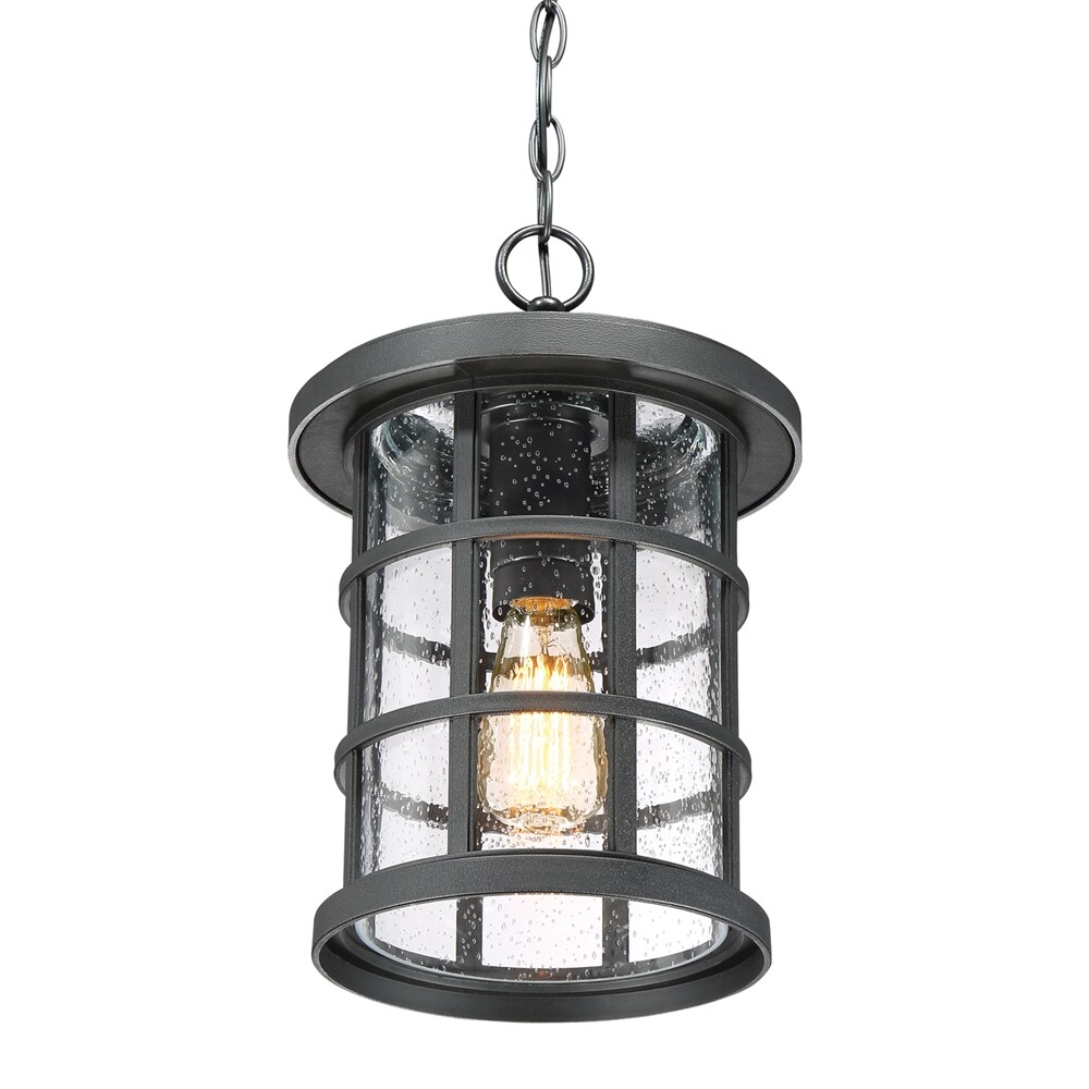 Quoizel Crusade Earth Black Transitional Seeded Glass Lantern Mini Outdoor Hanging Pendant Light