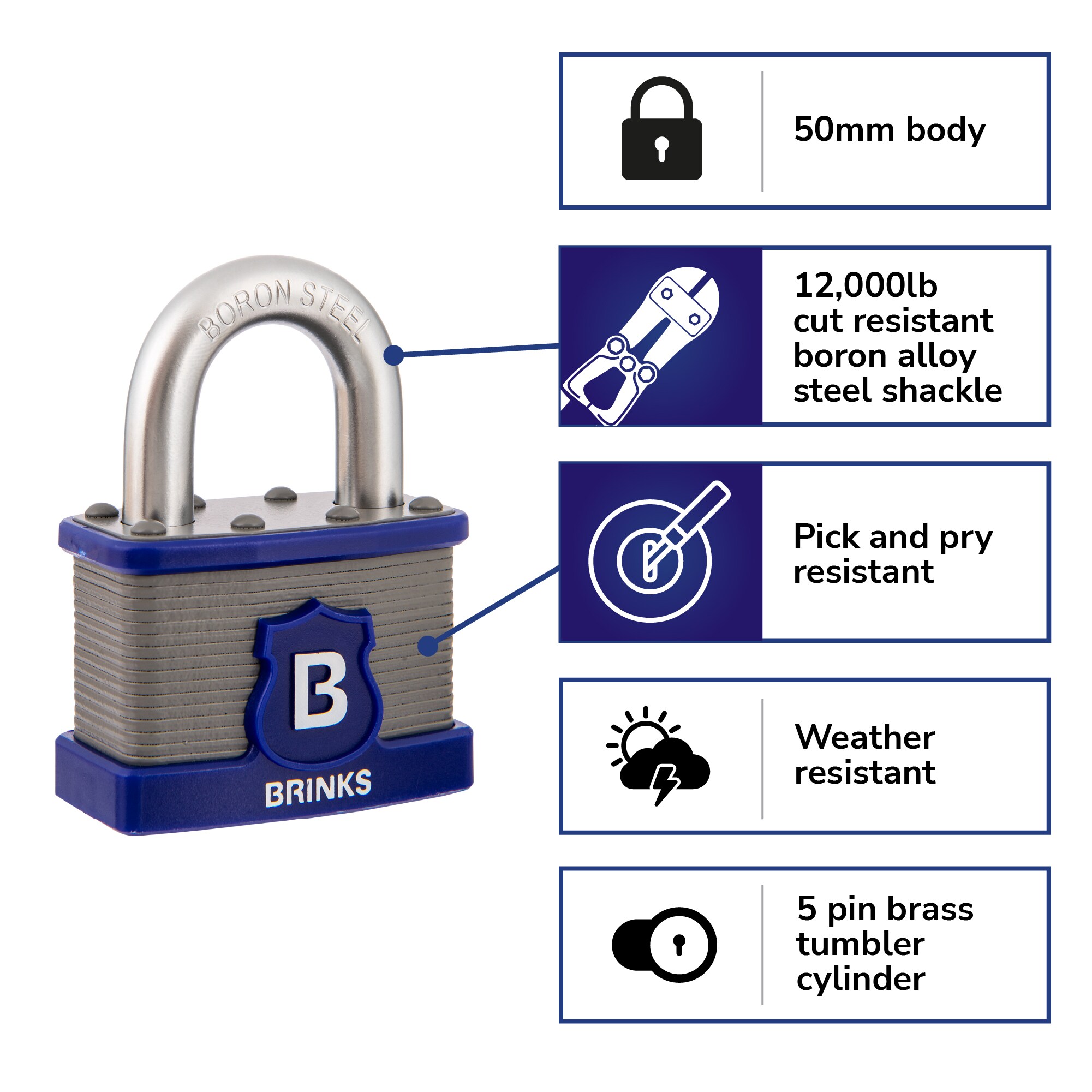 Brinks, Solid Brass 30mm Keyed Padlock with 5/8in Shackle