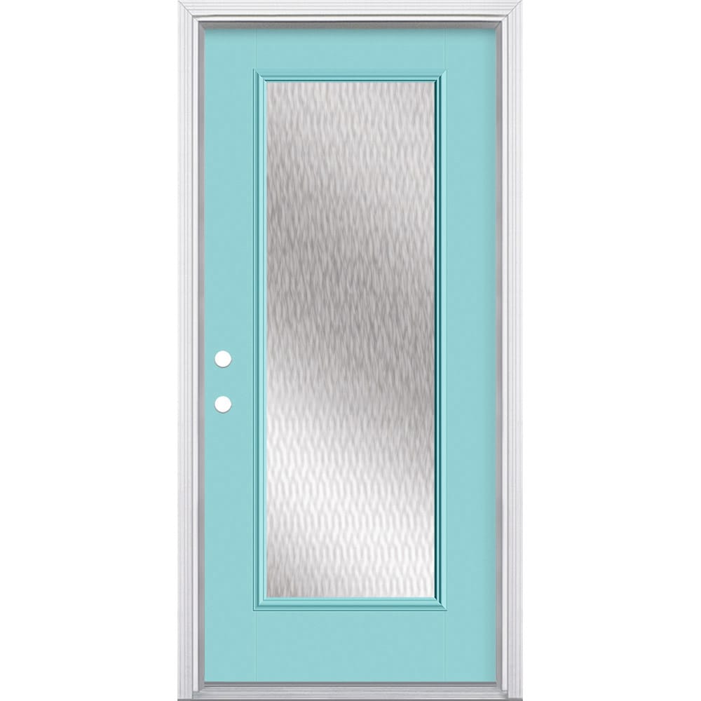 Masonite 627982 Double Water Textured Glass 36-in x 80-in x 4-9/16-in Fiberglass Full lite Right-hand inswing Caribbean Blue Painted Prehung Front Door with Brickmould Insulating core
