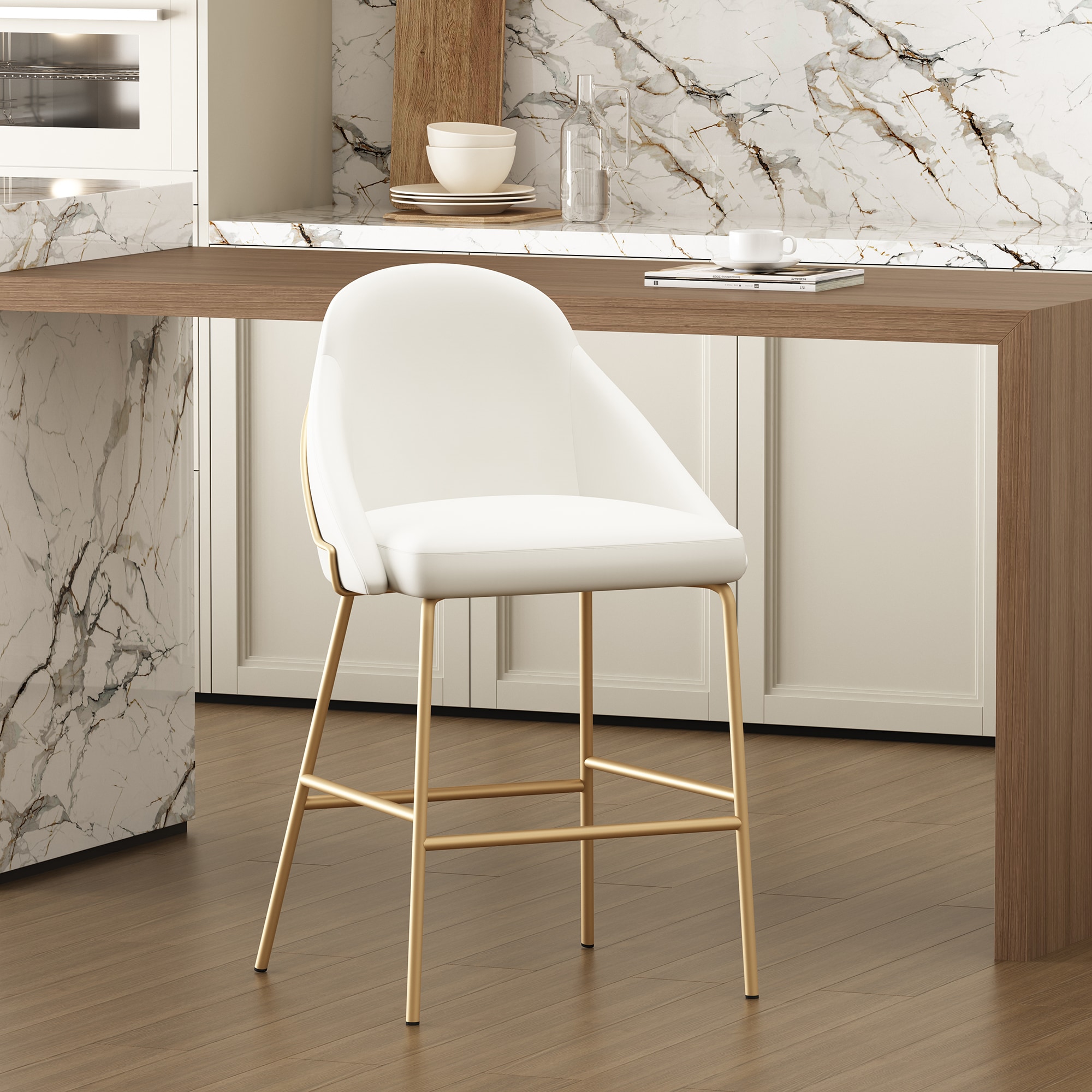 Manhattan Comfort CS019-GWH Gracie White and Gold 26-in H Counter height Square seat Upholstered Metal Bar Stool and Back