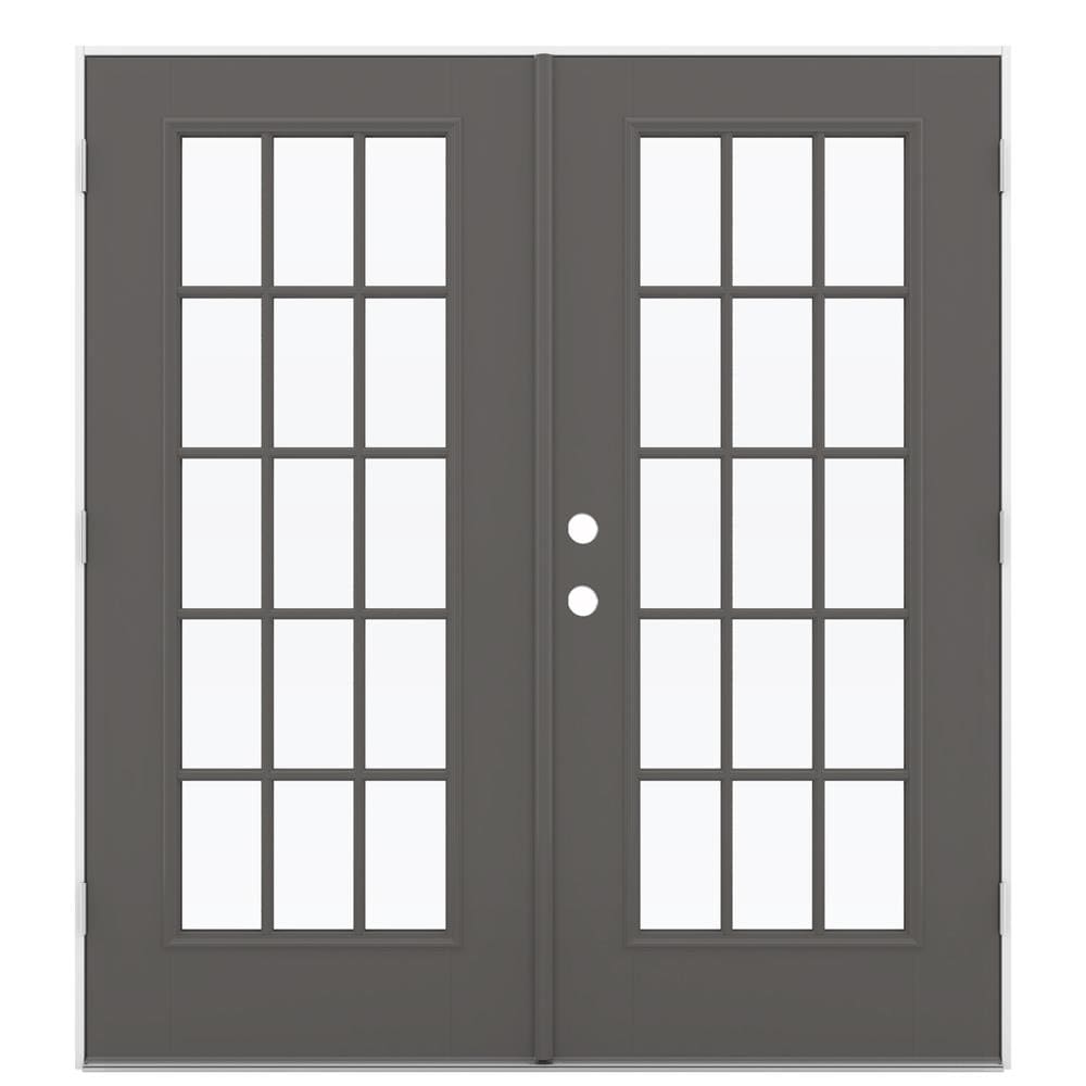 JELD-WEN LOWOLJW184100092 72-in x 80-in x 4-9/16-in Jamb Low-e Simulated Divided Light Timber Gray Fiberglass French Left-Hand Outswing Double Patio Door