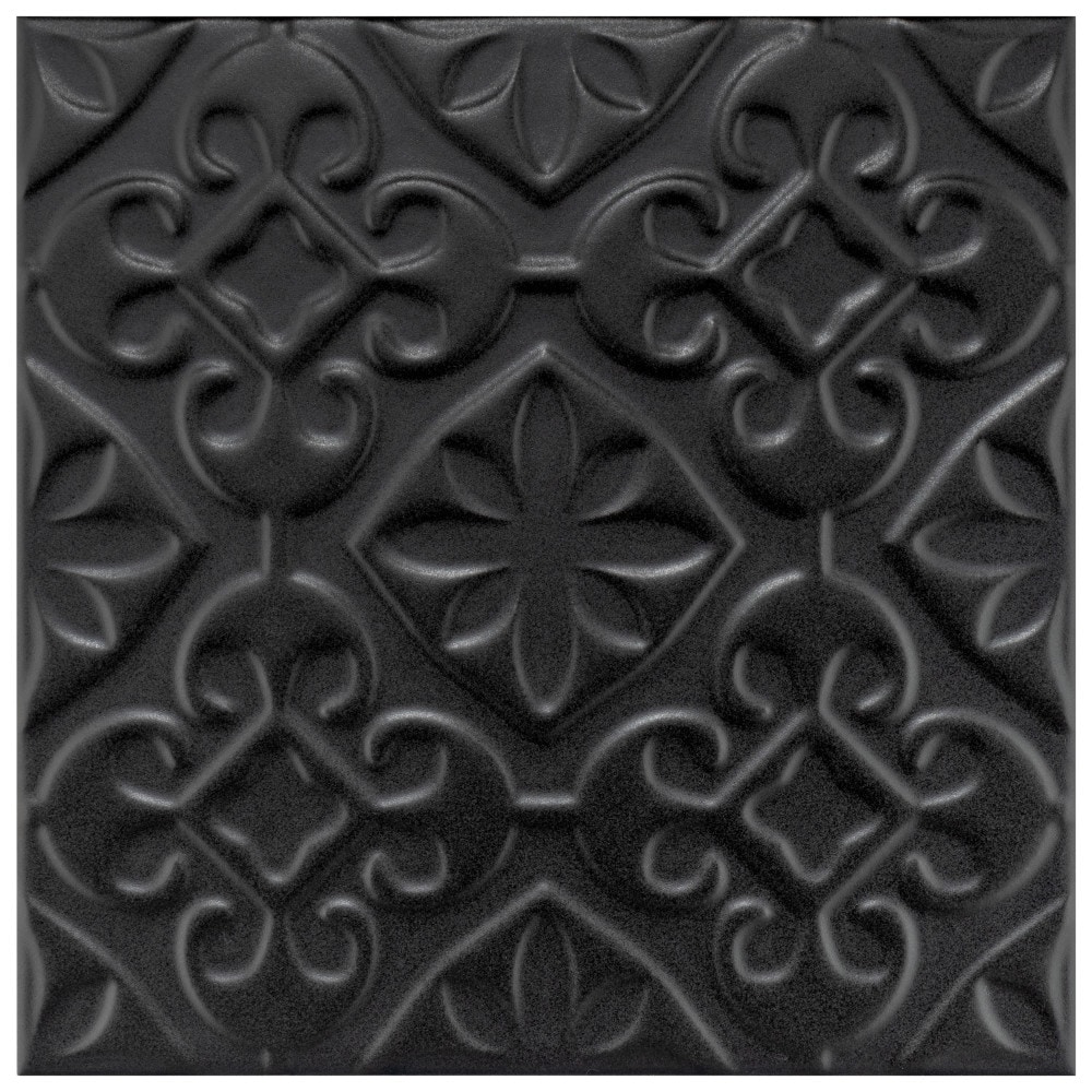 Affinity Tile S1WRCTXVBK Sample- Triplex Valverde Black 8-in x 8-in Satin Ceramic Patterned Wall Tile