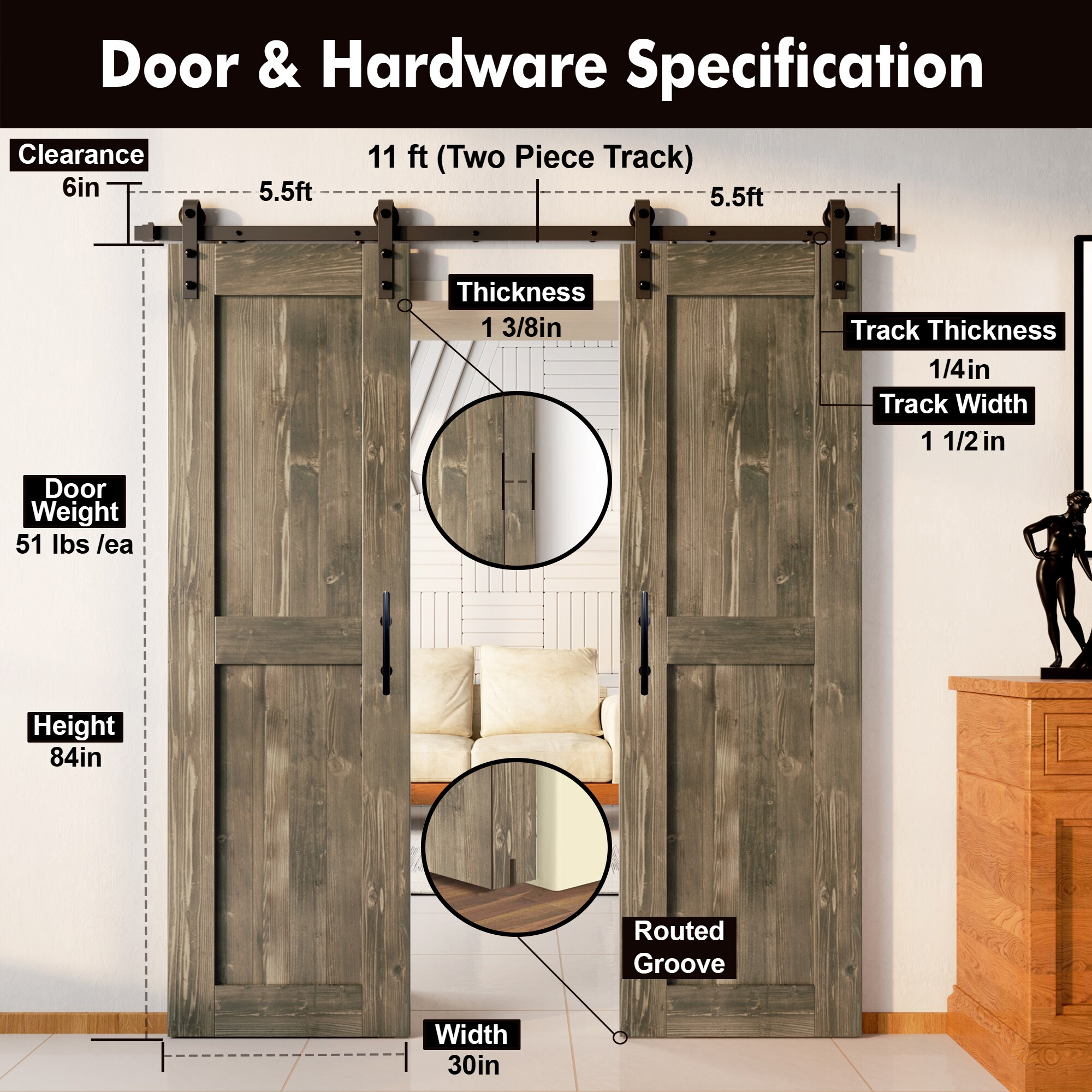 HOMACER YT2TGH132C-3084-H-GR Barn-Doors - View #7