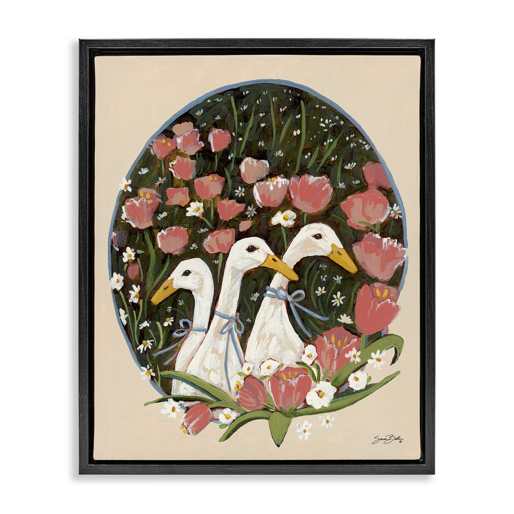 Stupell Industries BS-673-FFB-24X30 Ducks with Cottage Blooms Black Framed Floater Canvas Wall Art By Sara Baker 25 x 31