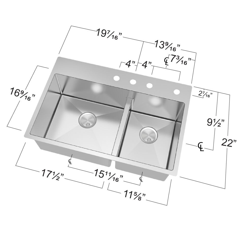 Serene Valley Stainless Steel 36 in. Double Bowl Drop-In or Undermount Kitchen Sink with Thin Divider, Silver