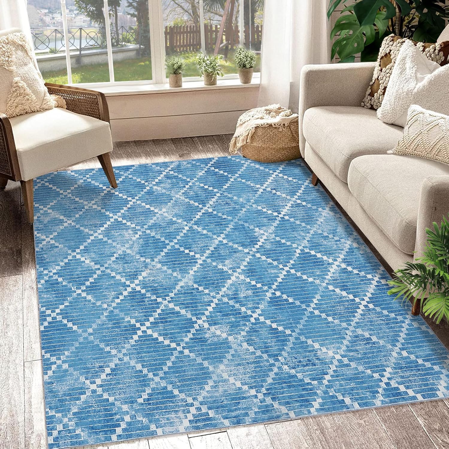 Qeetex LXL-PHO-0Z7WUOFF GAOMON Machine Washable Area Rug Modern Geometric Area Rug for Living Room Bedroom Contemporary Diamond Non-Slip Stain Resistant Accent Rug Carpet for Home Decor Floor Decoration Blue