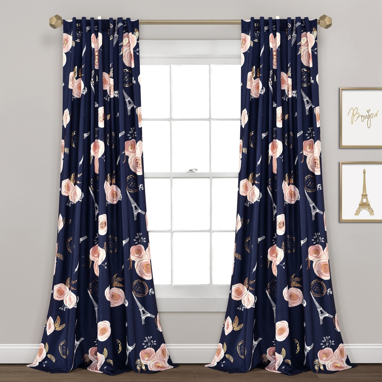 Lush Decor 16T005339 84-Inches Navy Floral Back tab Curtain panel pair