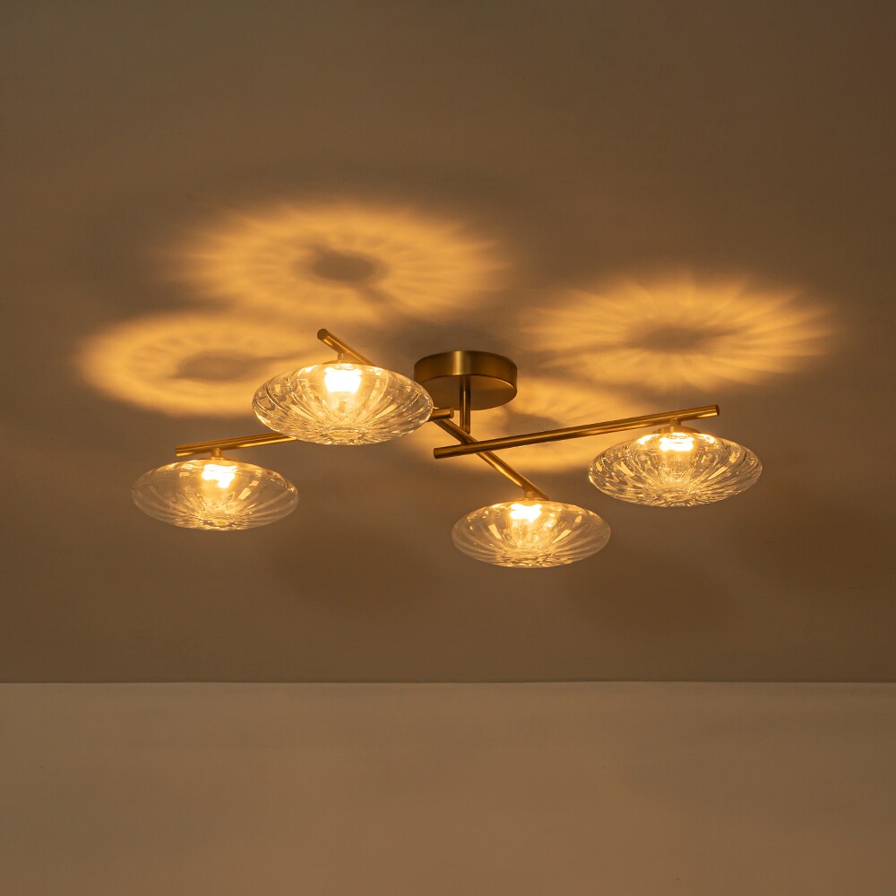 Wonderindoor 4-Light Water Ripple Striped Clear Glass LED Semi-Flush Mount Light in Brushed Gold