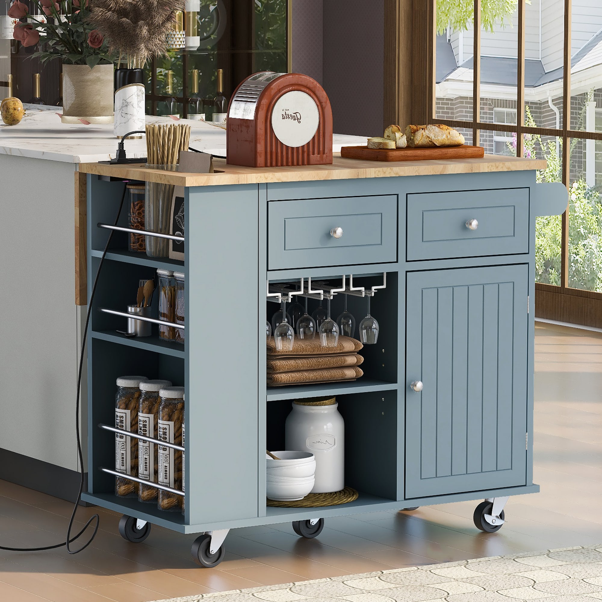 Nestfair CKK056G Blue Wood Base with MDF Wood Top Rolling Kitchen Island ( 29.3-in x 39.8-in x 33.7-in )
