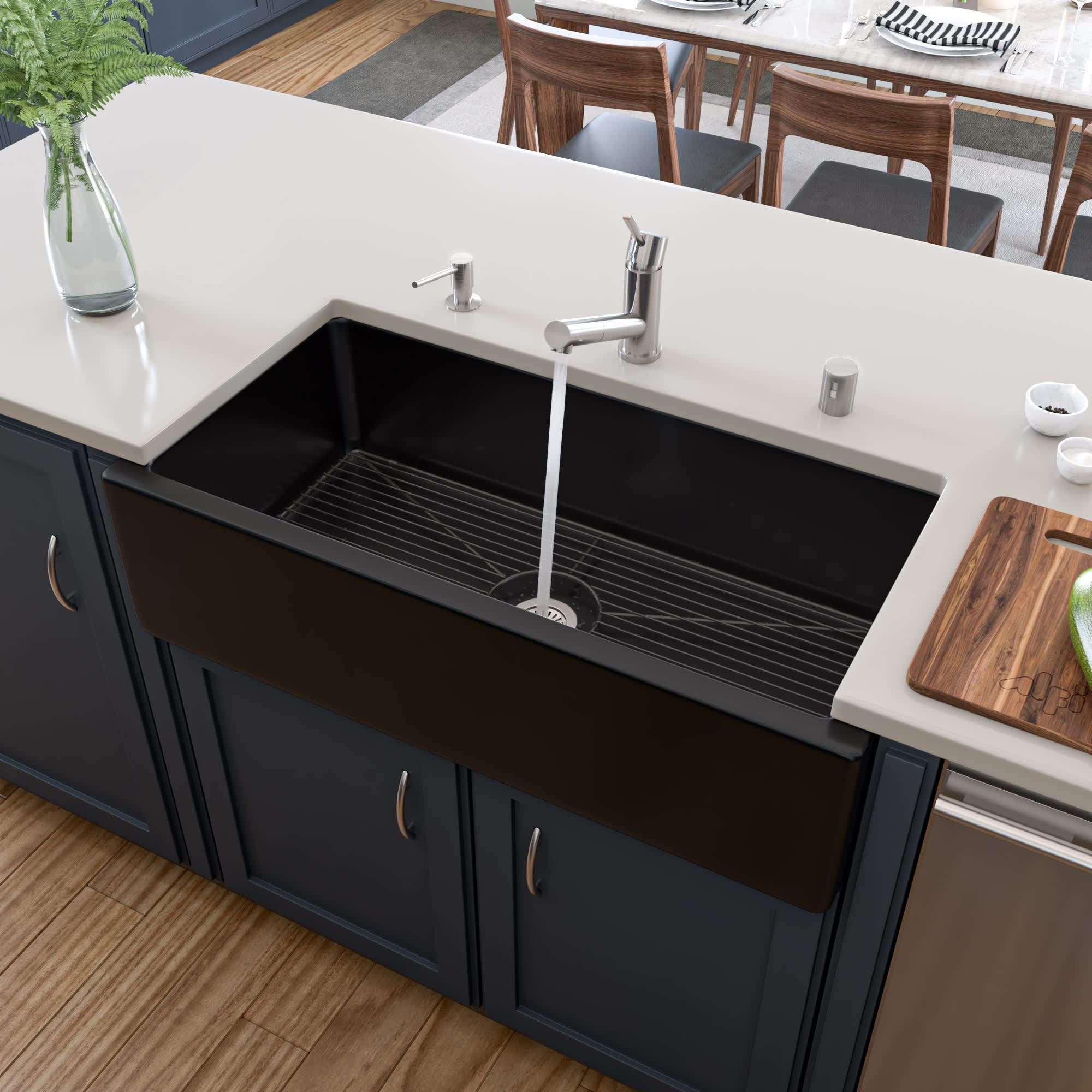 ALFI AB3618HS-BG AB3618HS-BG 36-in Black Gloss Reversible Smooth / Fluted Single Bowl Fireclay Farm Sink