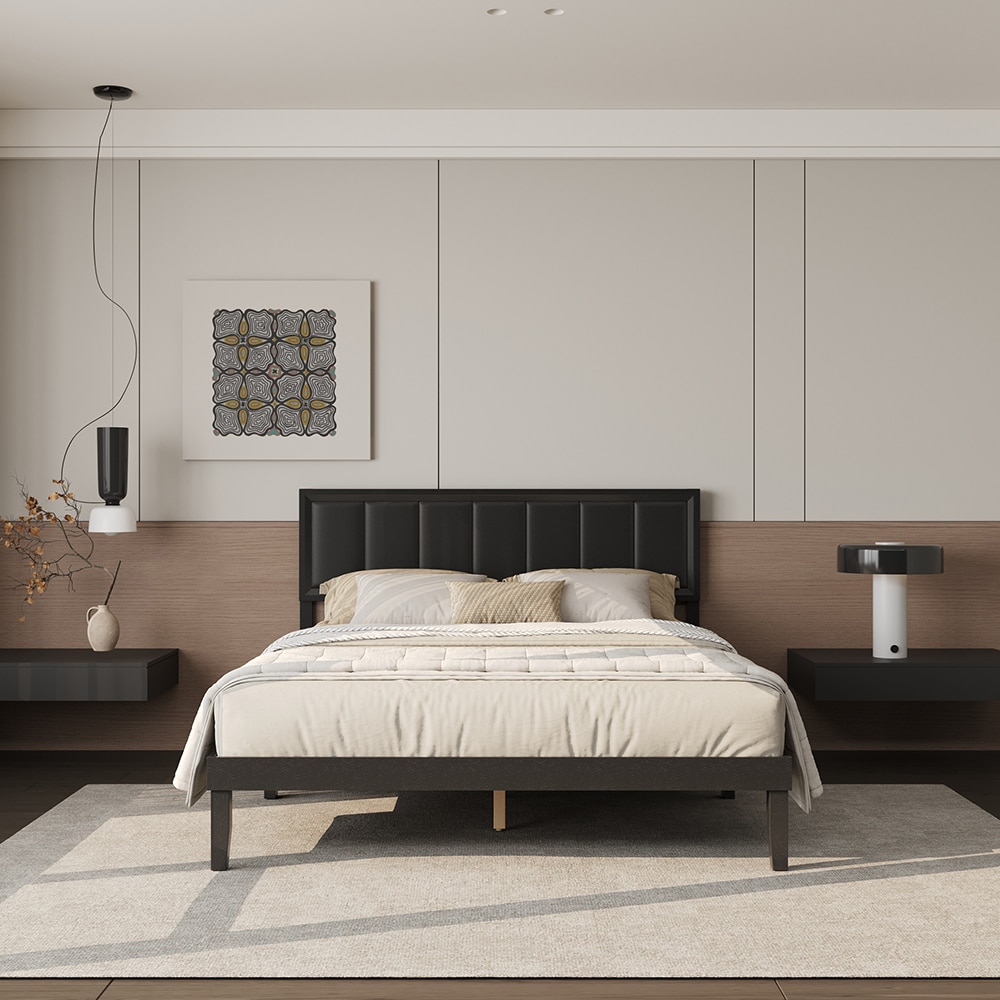 Homsee C-KF330155-01 Black Queen Size Solid Wood Bed Frame with Upholstered Linen Headboard and Reinforced Slat Support