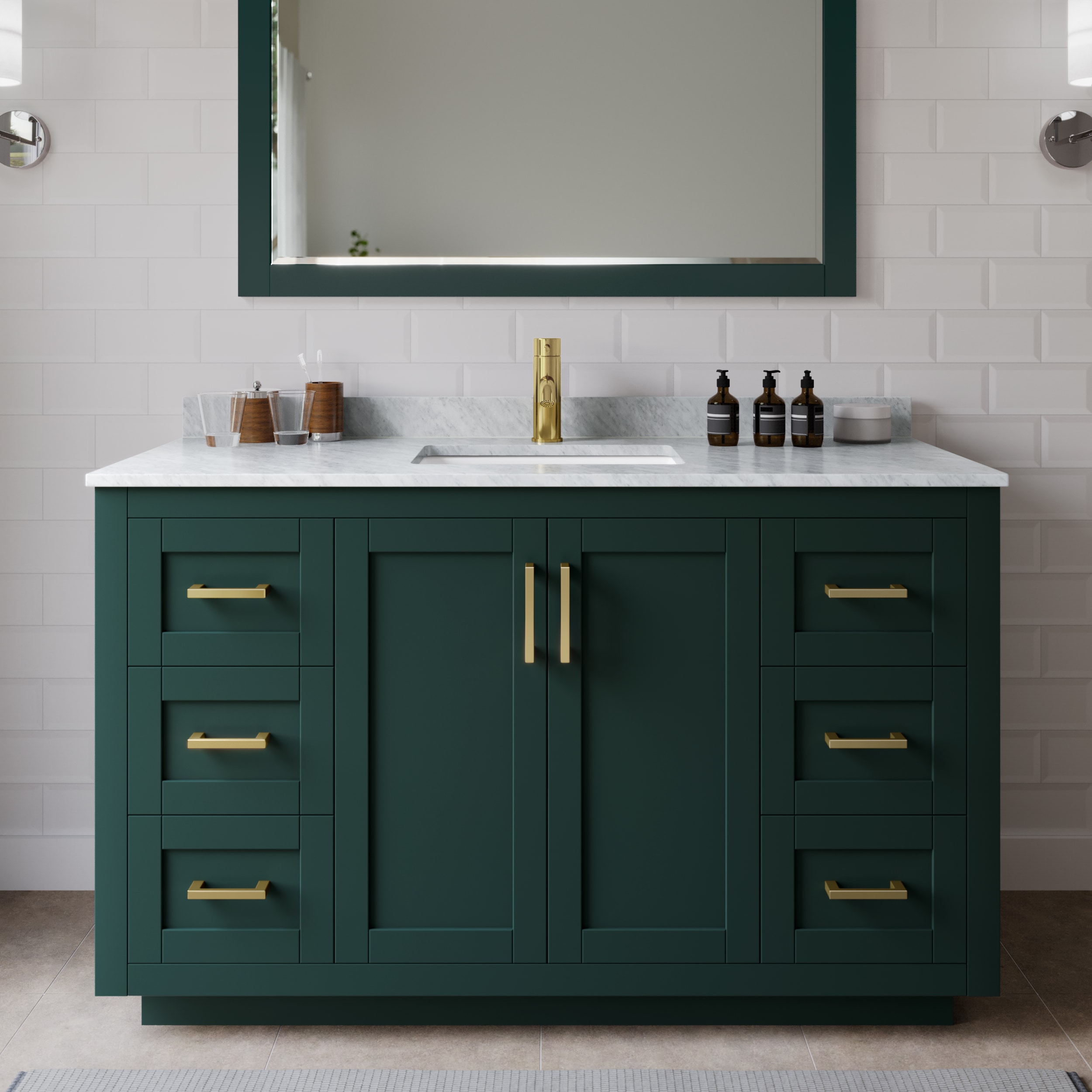 Wyndham Collection WCF292954SGDCMUNSMXX Miranda 54-in Green with Brushed Gold Trim Undermount Single sink Bathroom Vanity with White Carrara Marble Marble Top