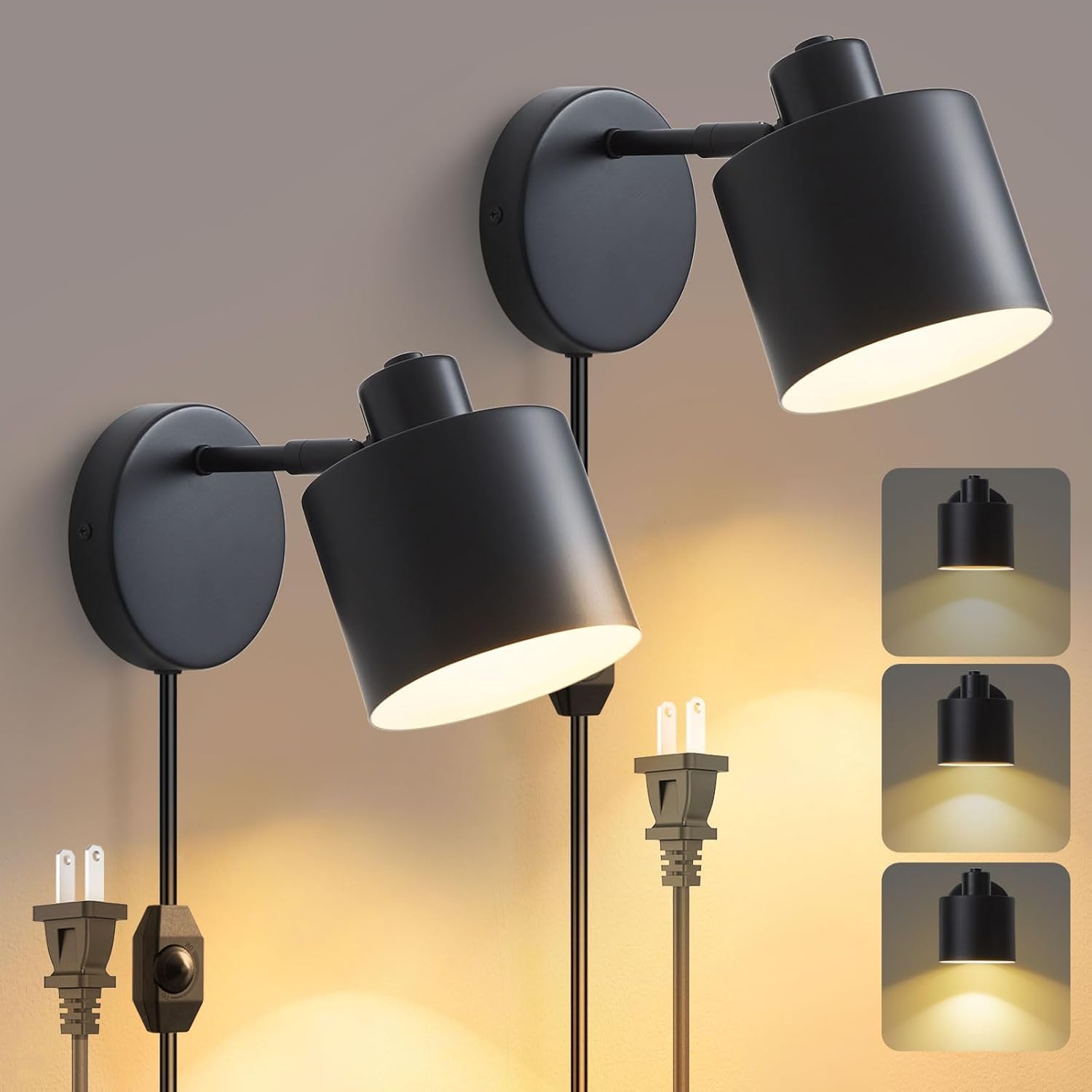 Vrbgify  Set of 2 Plug In Wall Sconces Matte Black Metal 350 Degree Adjustable Head Stepless Dimming E26 Base for Bedroom Living Room Hallway
