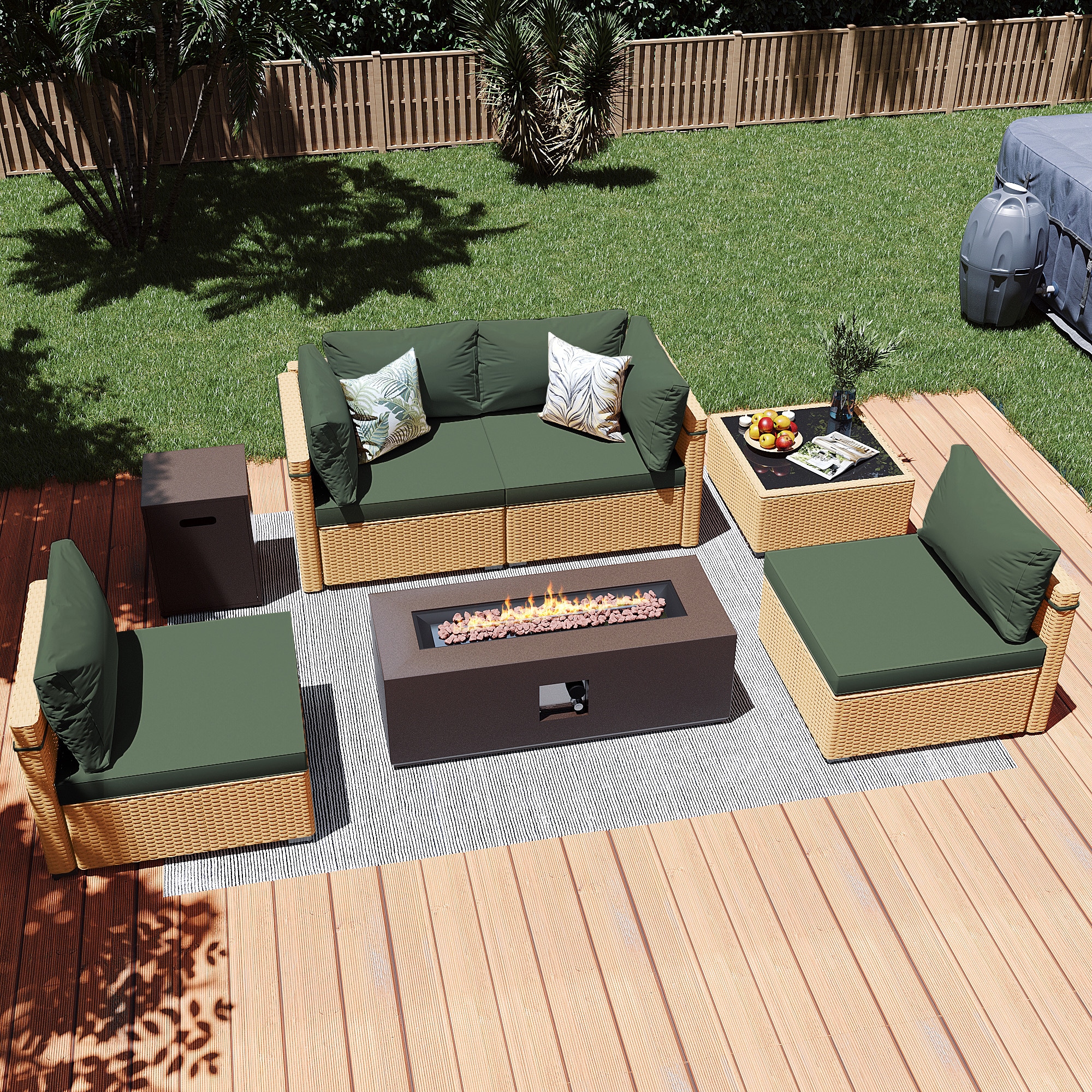 Patio Watcher LS-RT5-KD42CBR-Y2 6 -Piece Rattan Patio Conversation Set with Green Cushions