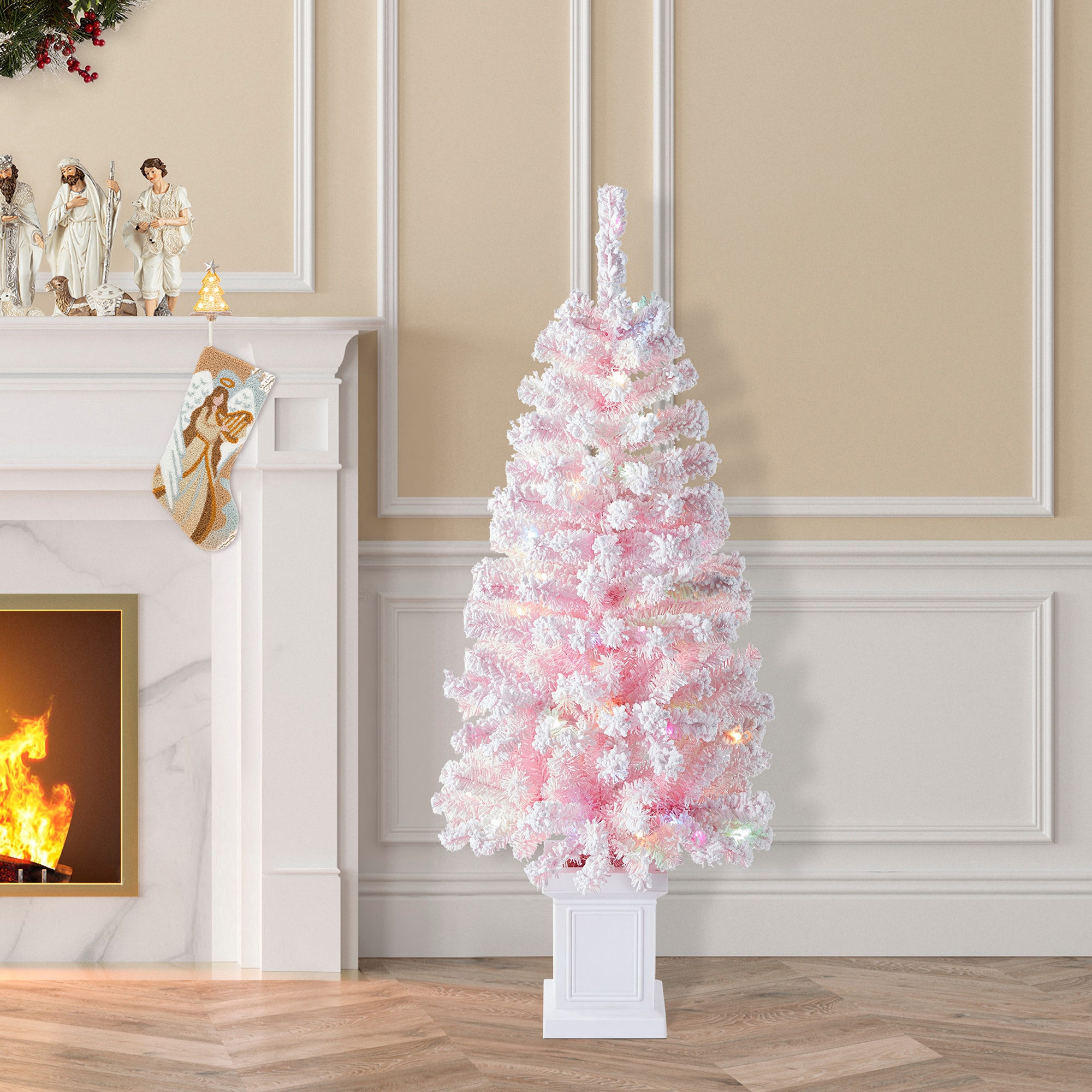 Glitzhome 4-ft Pre-lit Flocked Pink Artificial Christmas Tree with White LED Lights