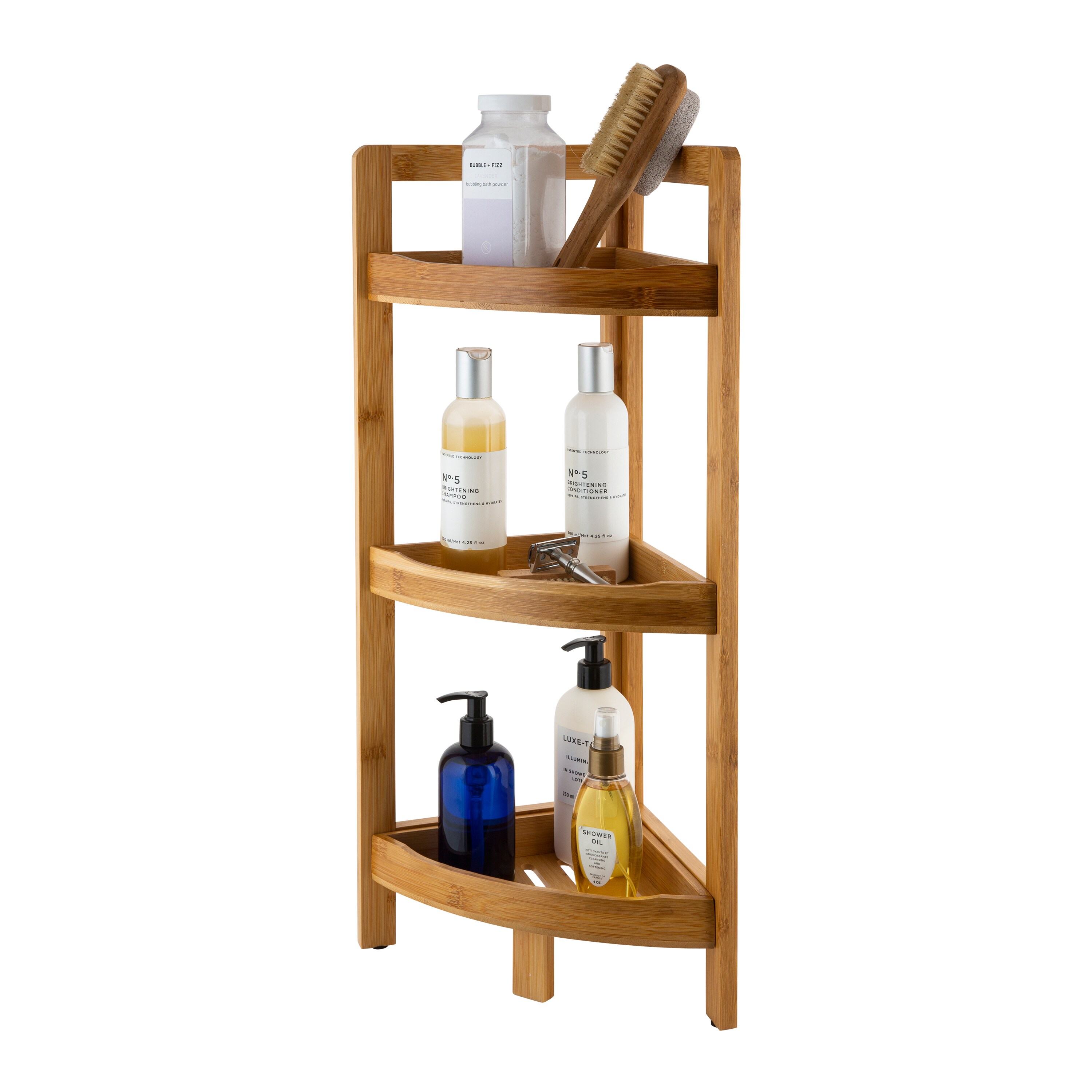 Organize It All Natural Brown 3-Tier Wood Freestanding Corner Bathroom Shelf  (9.12-in x 24.62-in x 9.12-in) in the Bathroom Shelves department at