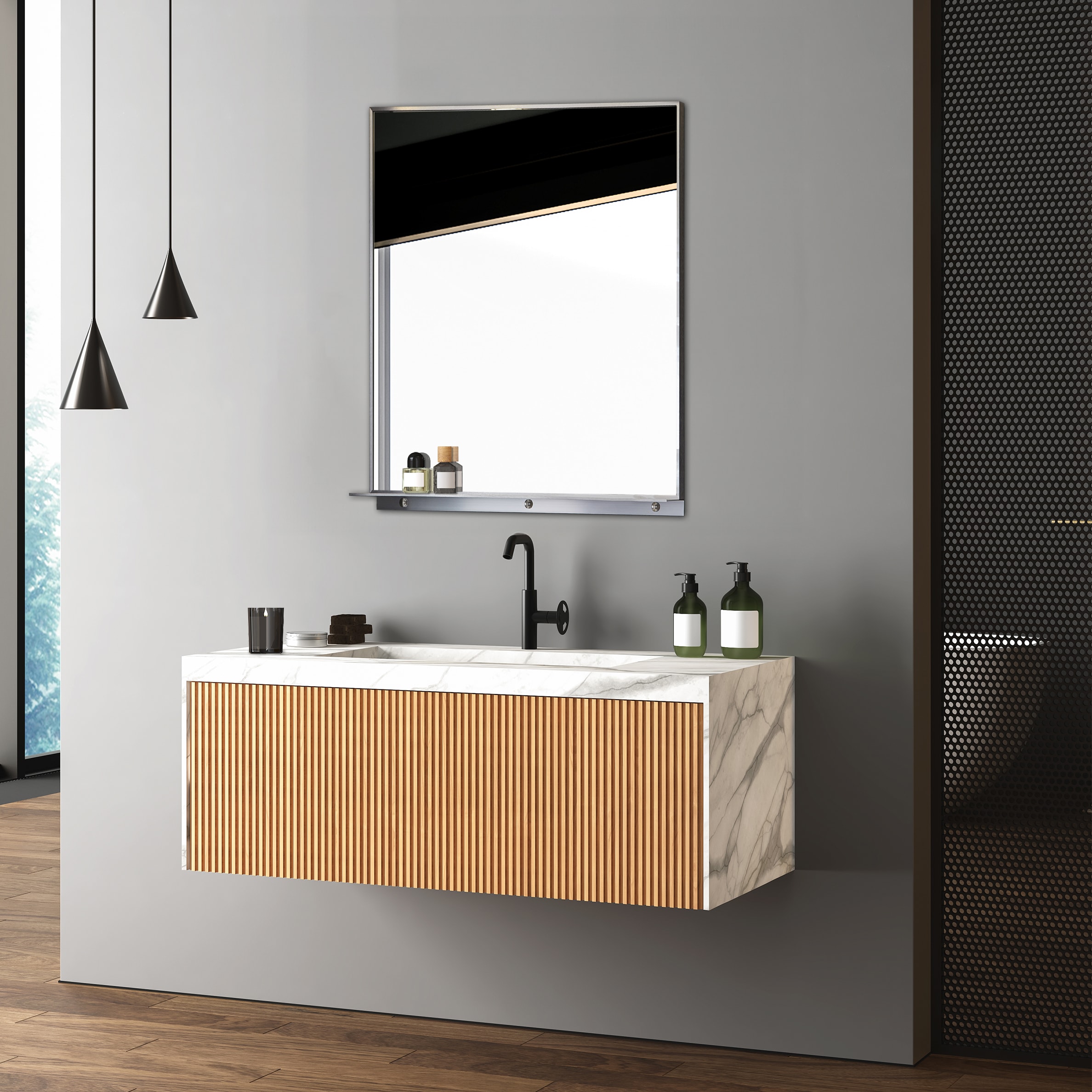 Lexi 24" x 32" Silver Aluminum Rectangular Mirror with Shelf