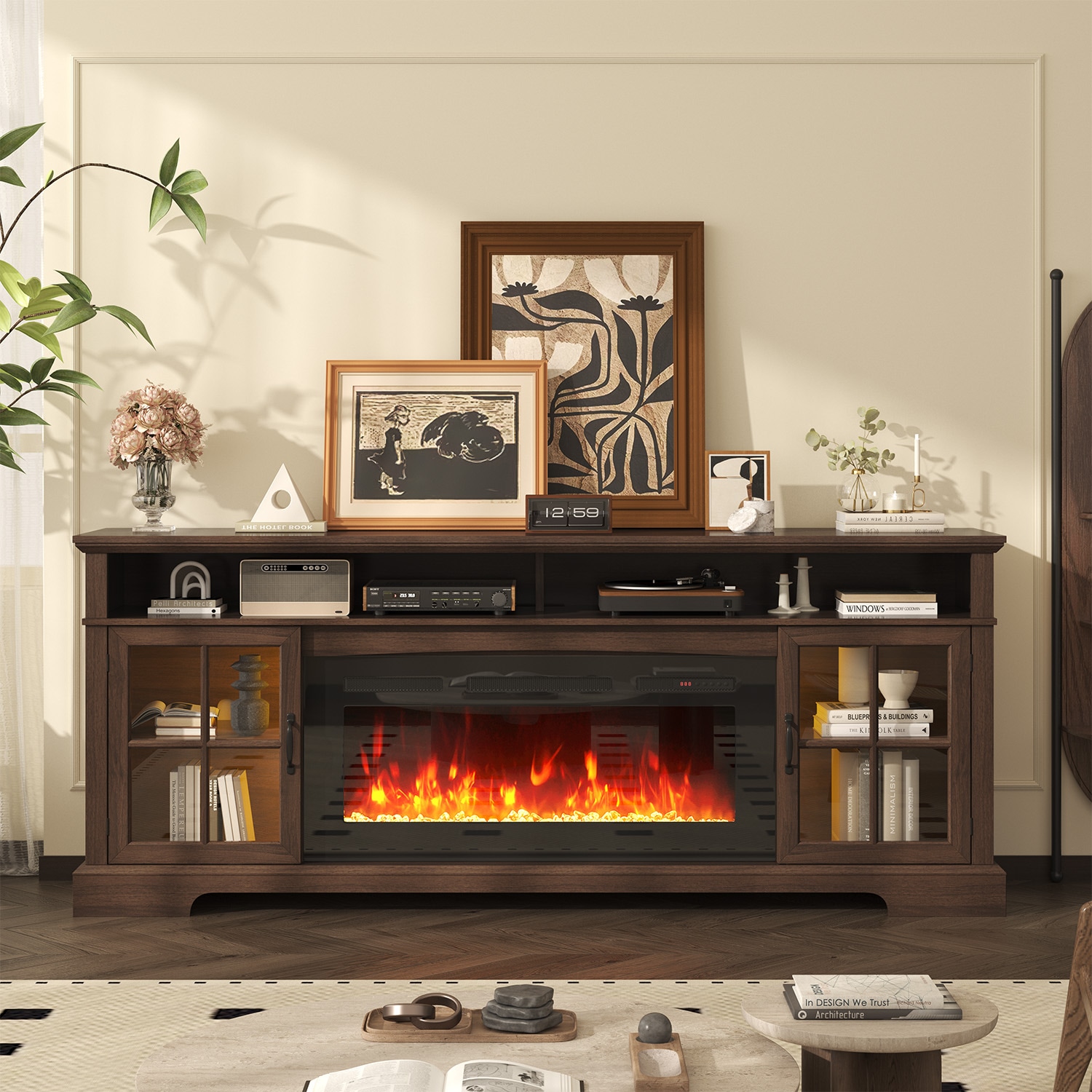 Nordivale  80IN Modern TV Stand with 36IN Electric Fireplace and Glass Doors Brown