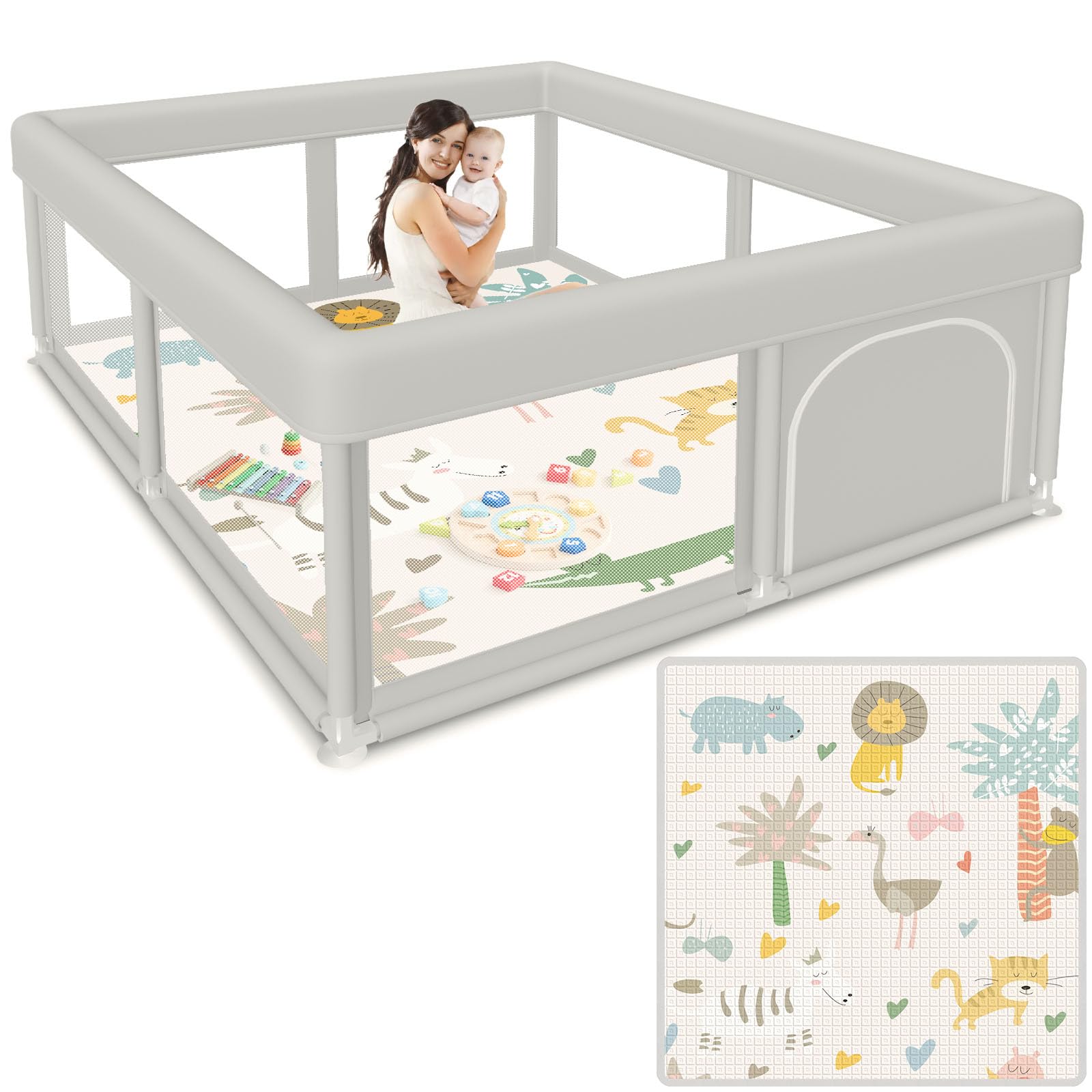 Justincity  Baby Playpen 50 x 50 Inch with Mat Large Play Yard for Babies and Toddlers Indoor Outdoor Activity Center Sturdy Safety Fence Gate
