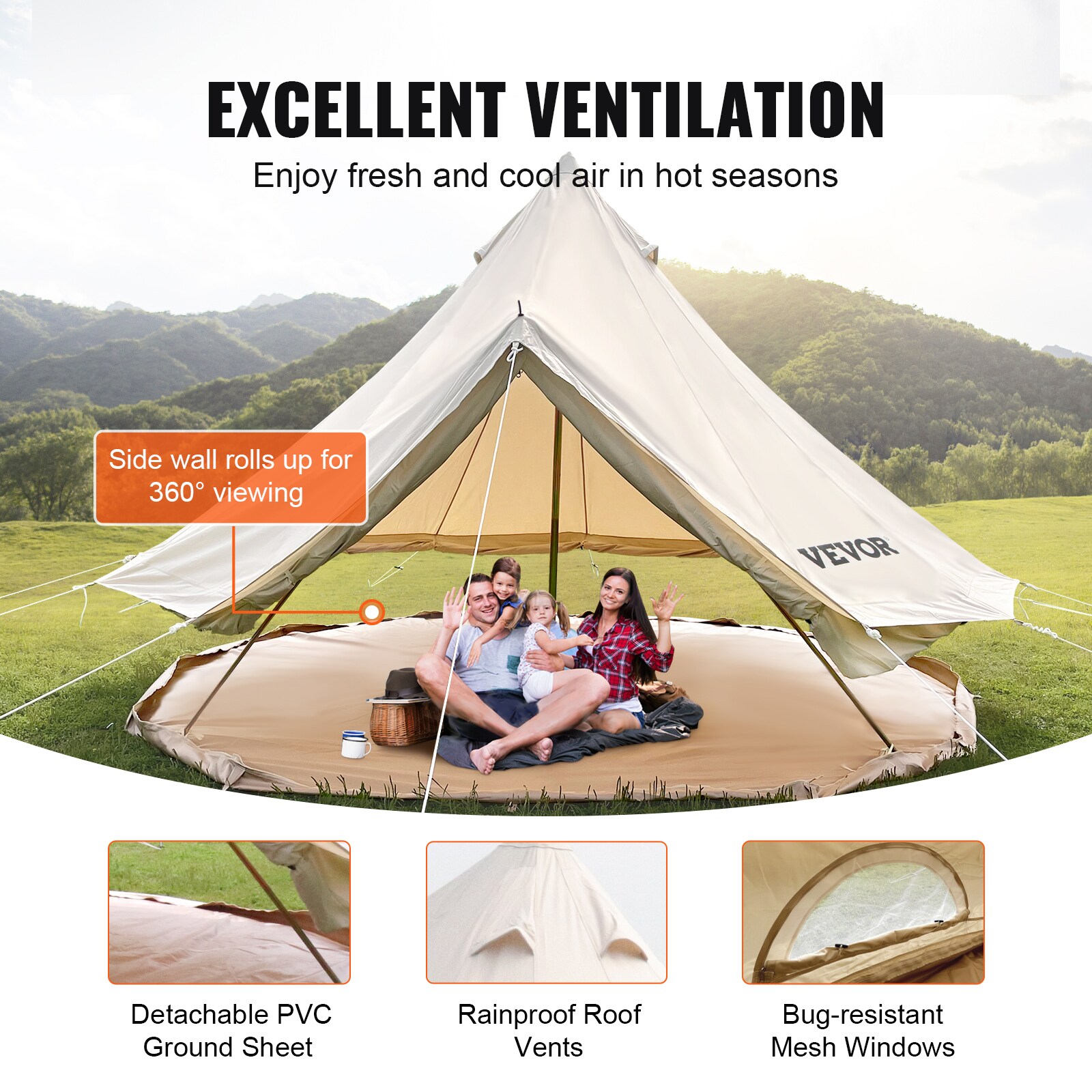 VEVOR Tente en Toile Coton Tente Yourte Camping Beige 3/4/5/6/7 m 3-12  Personnes