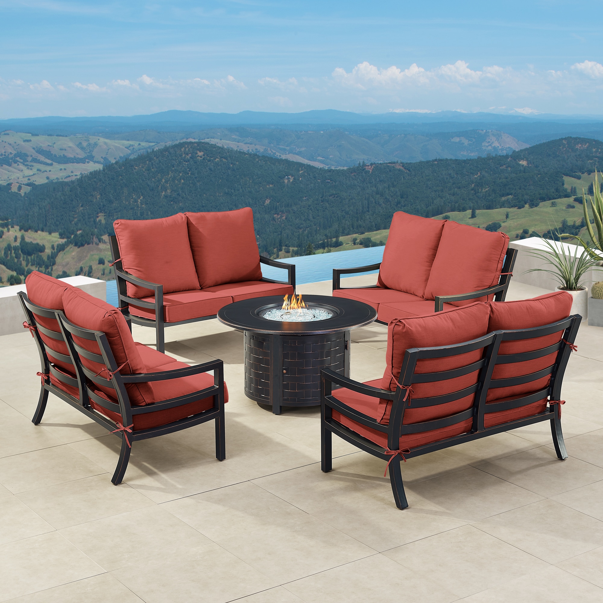 Oakland Living HUDSON4LSRICORDCU Fire Pit Table Set, Four Loveseats, Wind Guard and Ice Bucket 24 -Piece Patio Conversation Set with Red Cushions