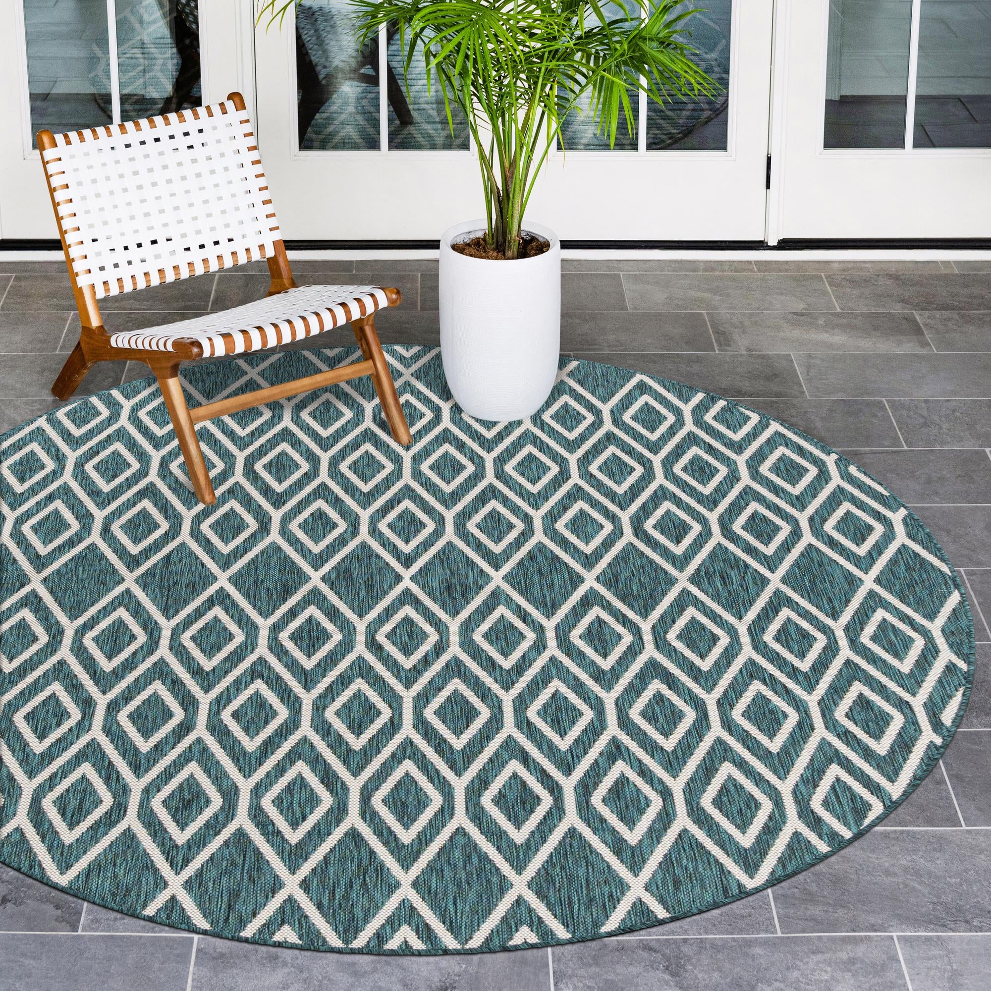 Unique Loom 3152341 Jill Zarin Outdoor 7 x 7 (ft) Loomed Polypropylene Teal Round Indoor/Outdoor Trellis Area rug