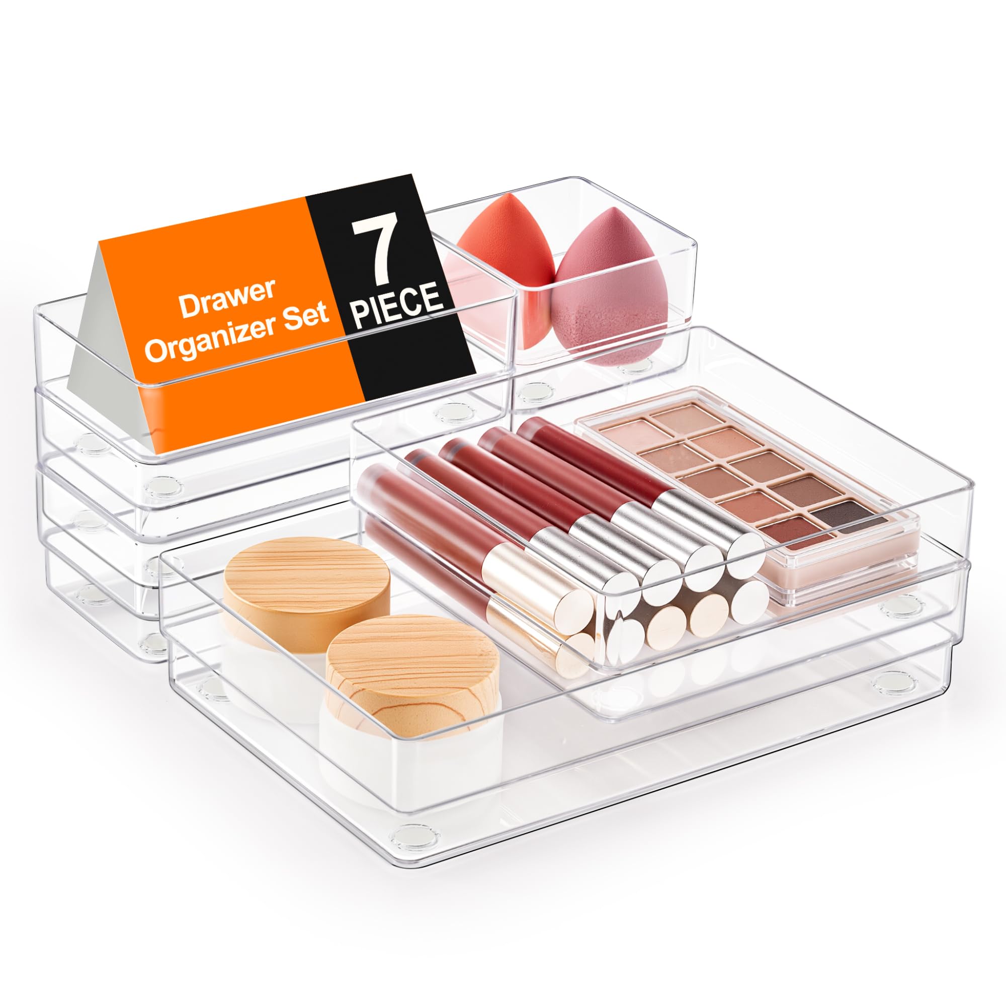 KIWDZFU  7 Piece Drawer Organizer Set with Non Slip Silicone Pads Four Sizes Clear Plastic Trays for Makeup Jewelry Utensils Bedroom Office and