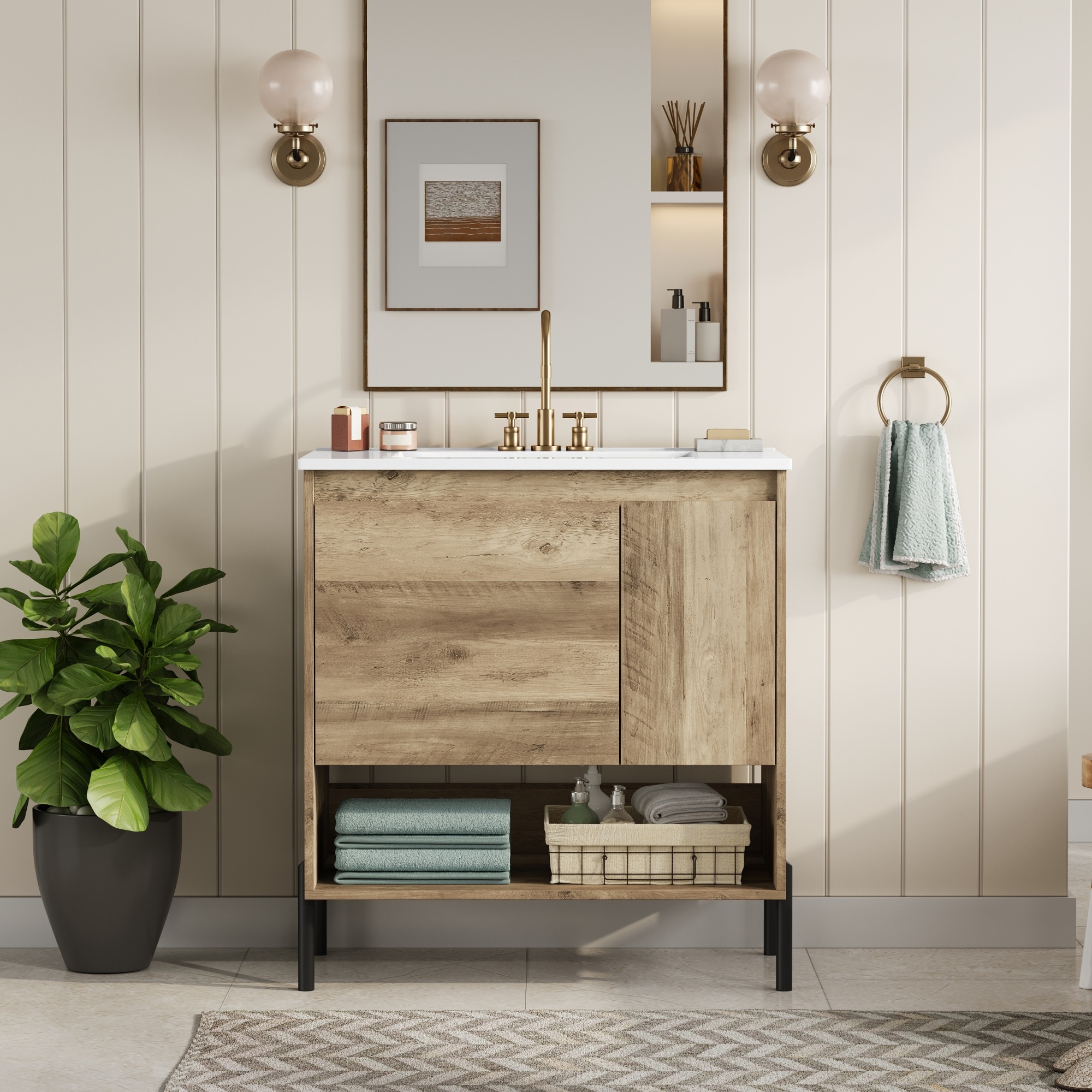 Afhocomp 30 in. Single Sink Freestanding Wood Bath Vanity with White Integral Ceramic Basin