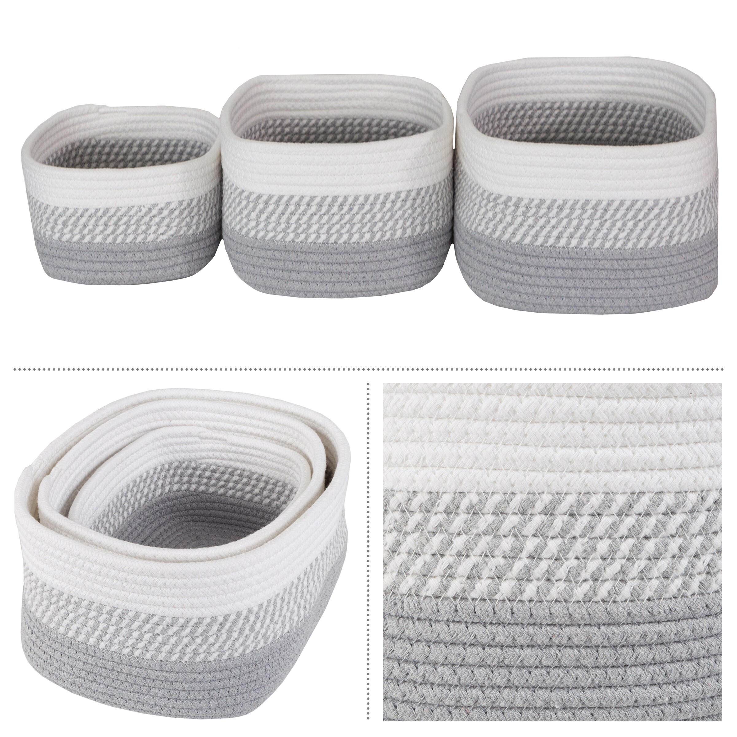 Gray Woven Cotton Rope Storage Basket Set, 3-Piece