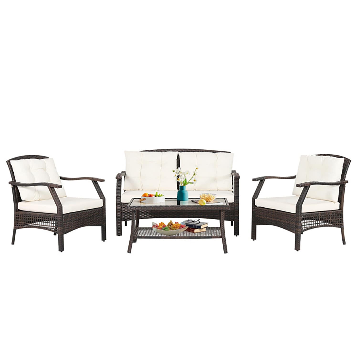 GZMR TMOD000805BR Patio Conversation Sets 4 -Piece Rattan 2 Patio Sofa Conversation Set with Off-white Cushions