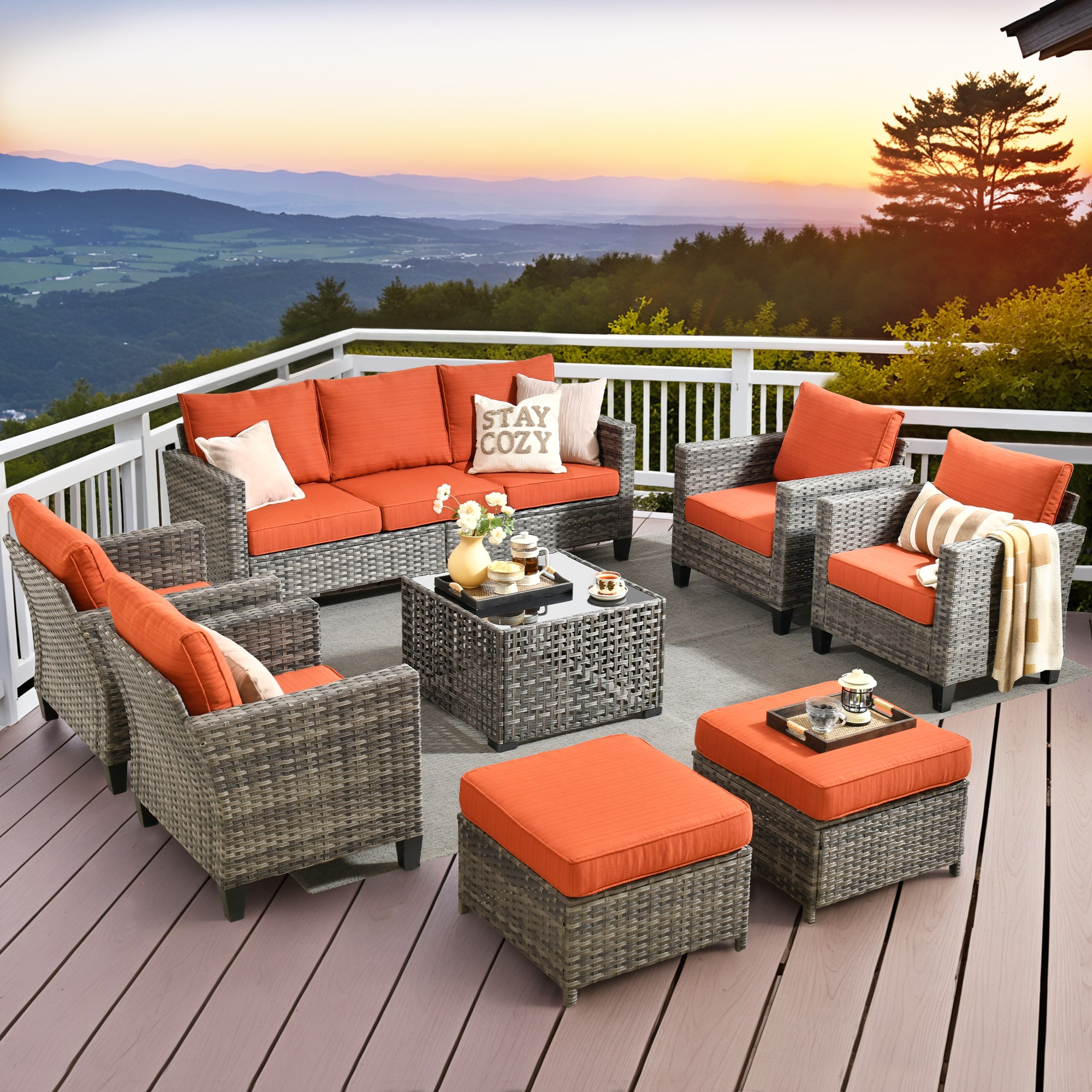 Pouuin SNGRS808 8 -Piece Wicker Patio Sofa Conversation Set with Orange Cushions