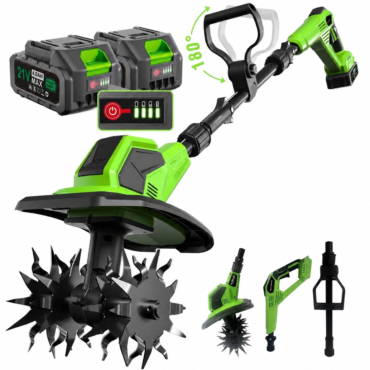 KHKFY  21V Cordless Tiller Cultivator with Dual 4.0Ah power cells and Charger 9 Inch Width 8.6 Inch Depth SK5 Steel Blades 3 Stage Adjustable for