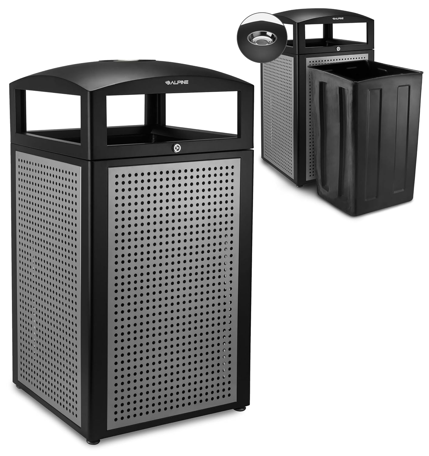 Alpine Industries - 40 Gallon Silver Steel Outdoor Hinged Lid Trash Can