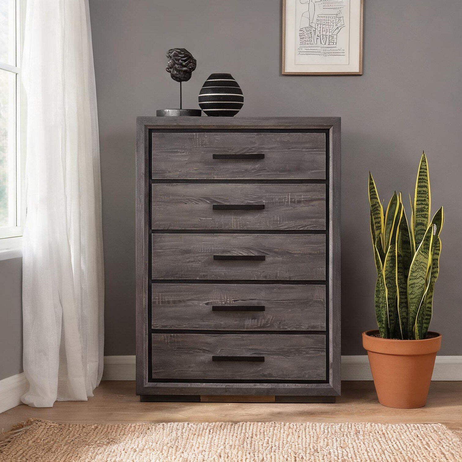 SunJet Slate Gray Double Dresser with Black Trim Contemporary Finger ...