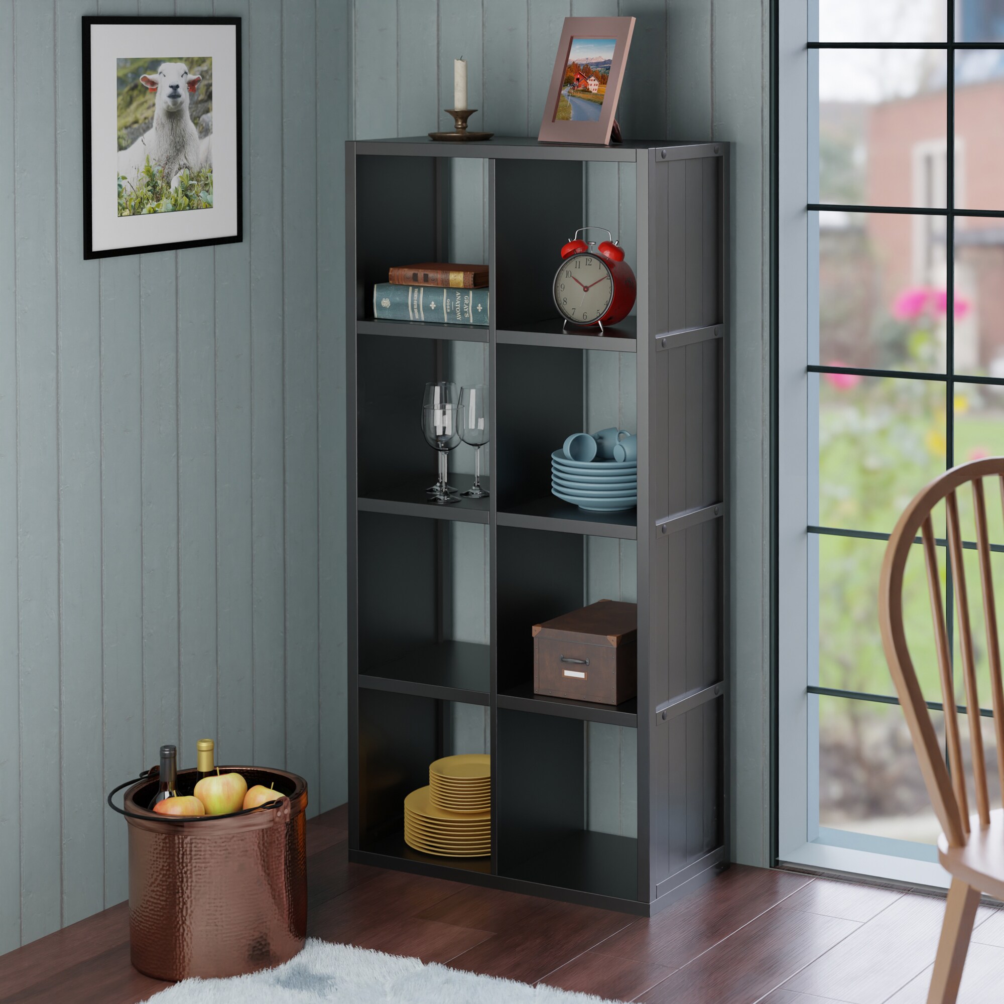 53" Black Wood Transitional 4x2 Cube Shelf with Wainscoting Panels