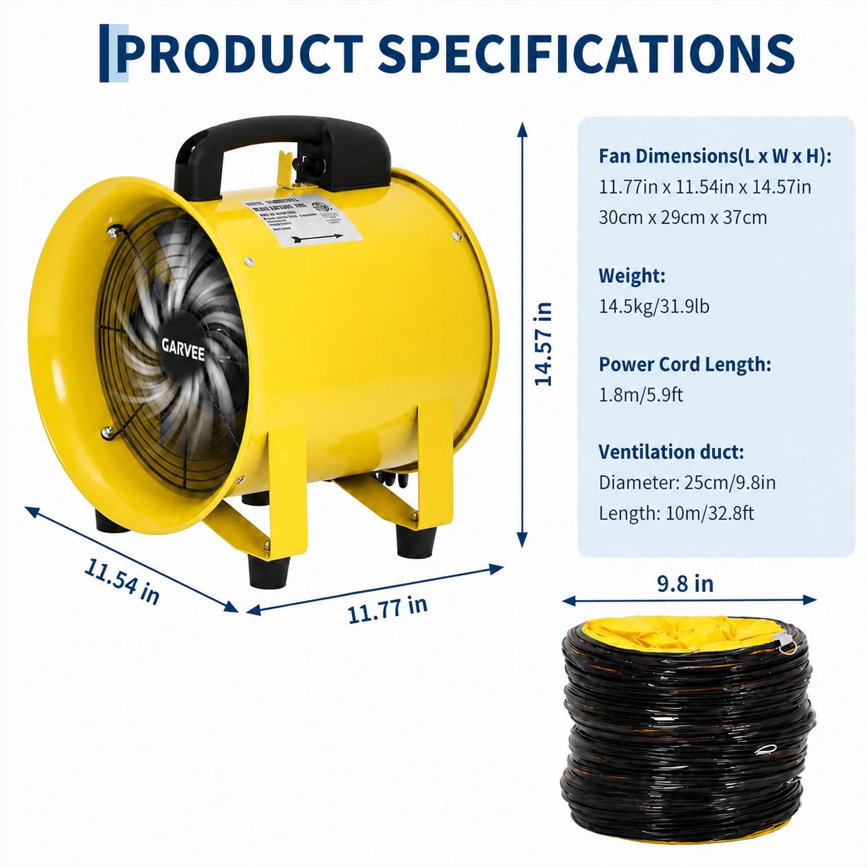 Aoile Portable 10 Inch Axial Utility Blower Fan with 32.8 Ft PVC ...