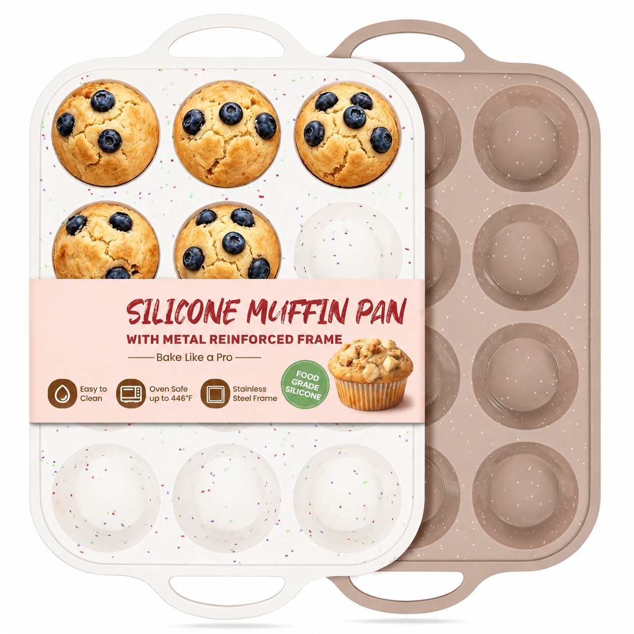 DHMHD  Silicone Muffin Pans 2 Pack with Metal Reinforced Frame 12 Cups Regular Size Nonstick BPA Free Oven Safe Dishwasher Safe Baking Mold for