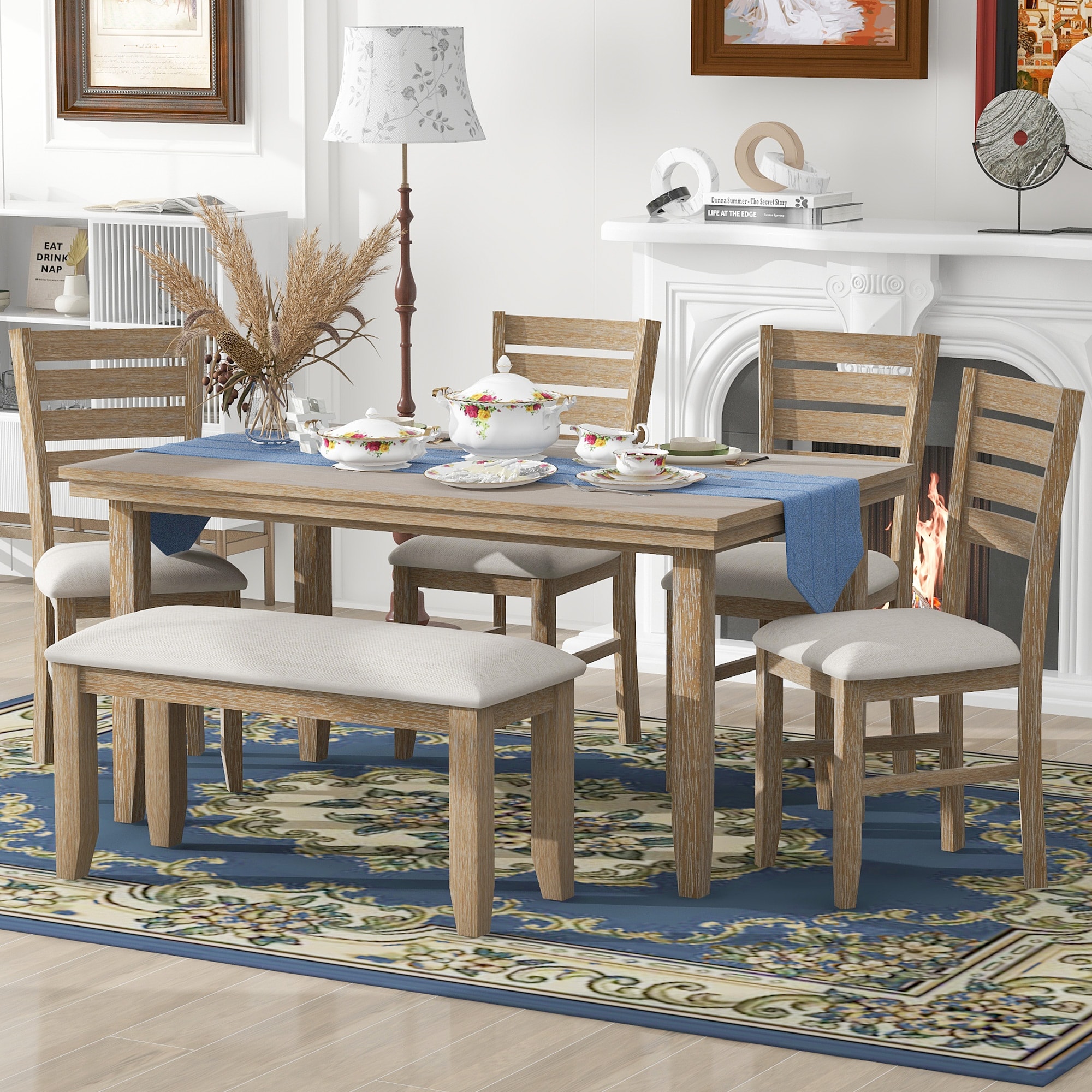 JANSNO DKSELL006 Natural Wood Wash Traditional Dining Room Set with Rectangular Table ( Seats 6 )