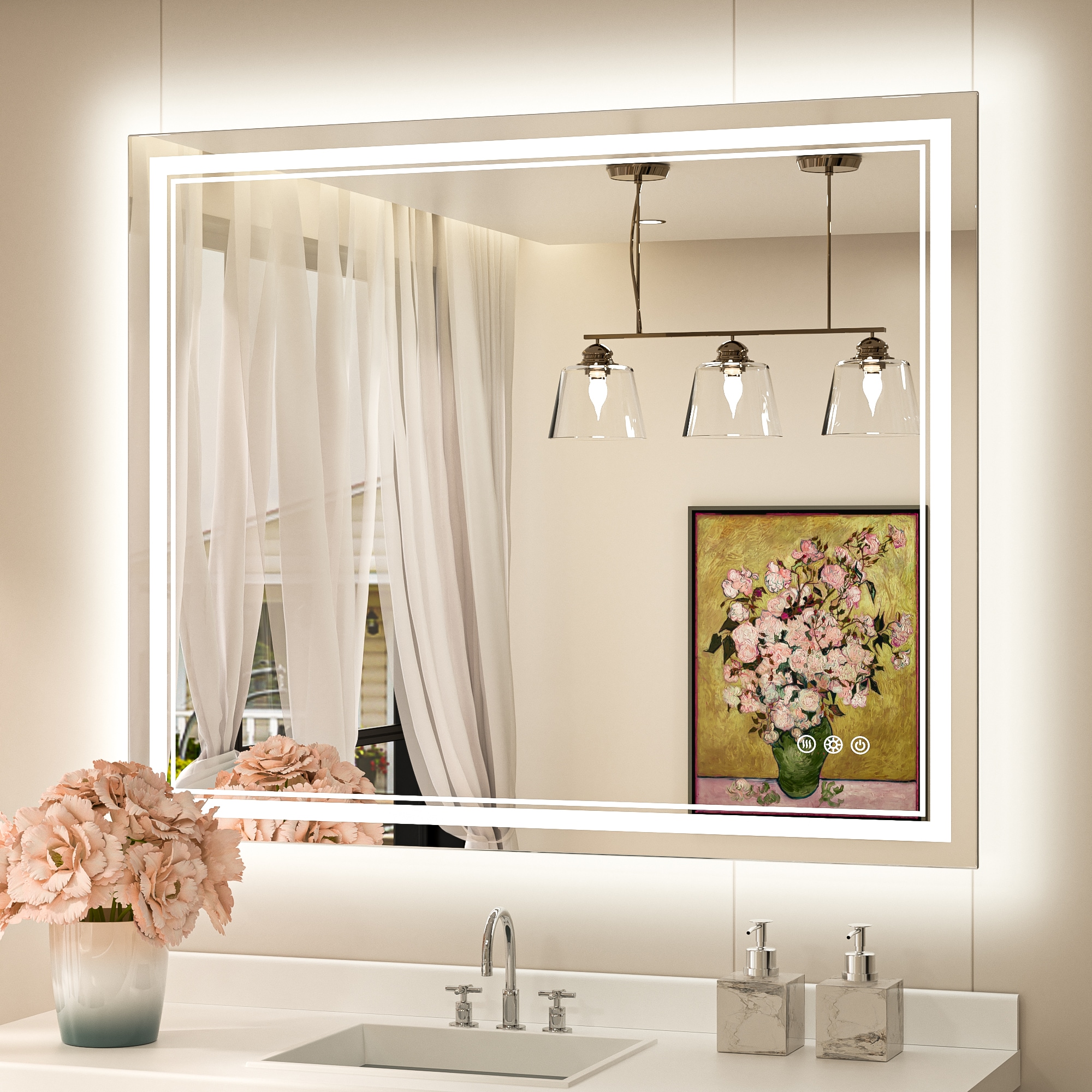 Keonjinn LW-JZ-ZBGSSW-10691 Bathroom Mirrors 42-in x 36-in Polished Frameless Rectangle Dimmable LED Lighted Fog Free Bathroom Vanity Mirror ( Silver )