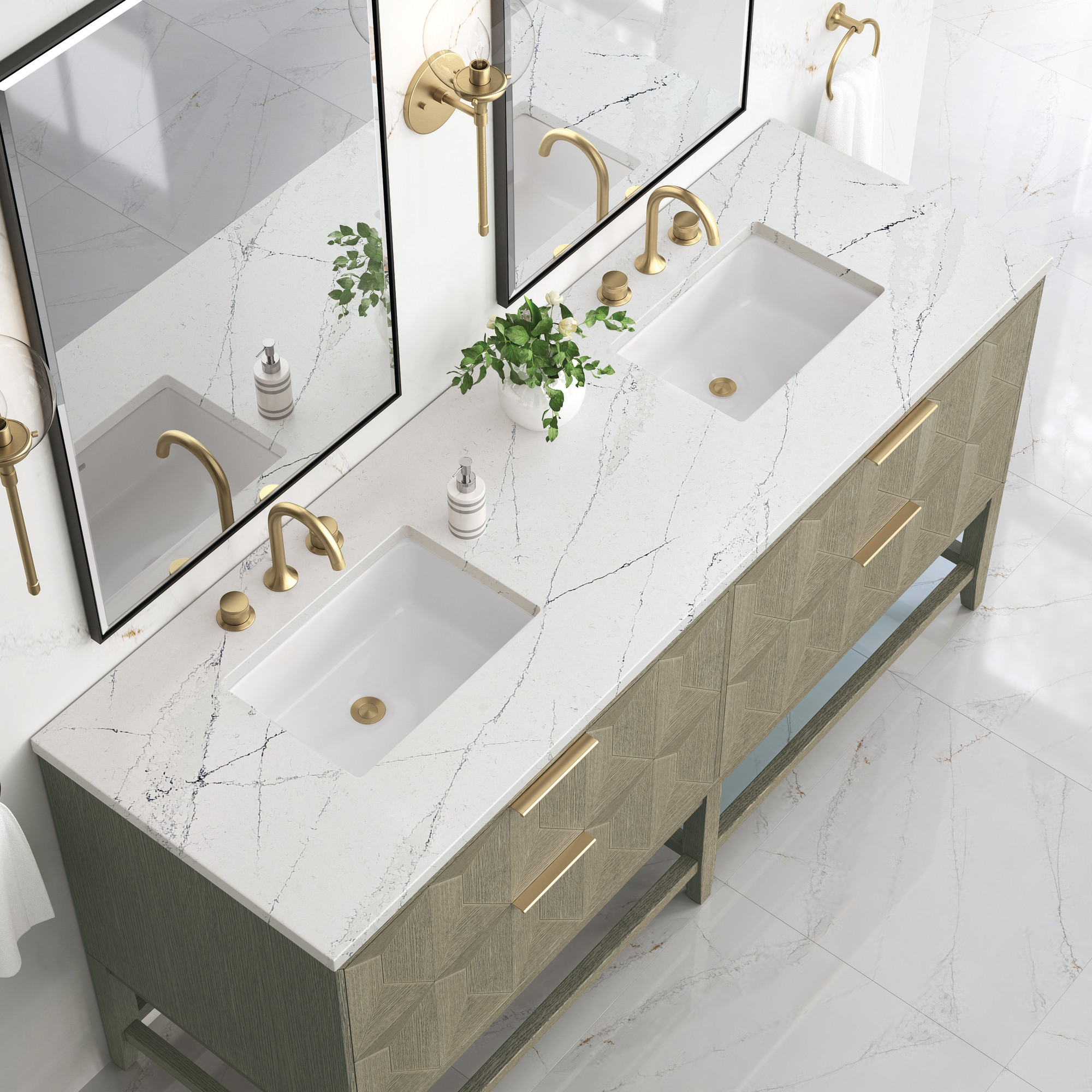 Pebble Oak 72" Double Freestanding Vanity with Solid Surface Top