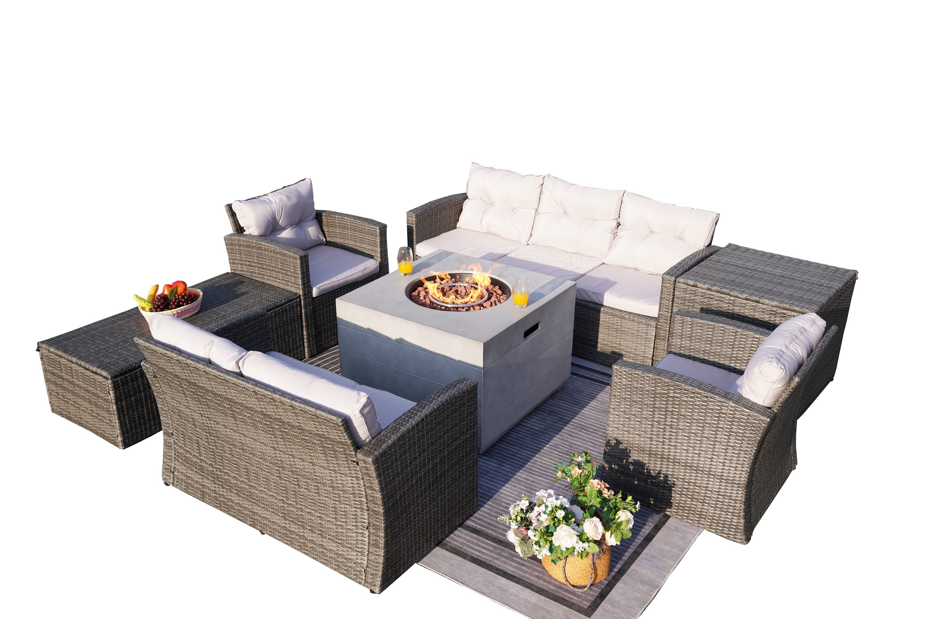 Moda Furnishings MAG-1503-2140-G Esther 7 -Piece Wicker Patio Sofa Conversation Set with Gray Cushions
