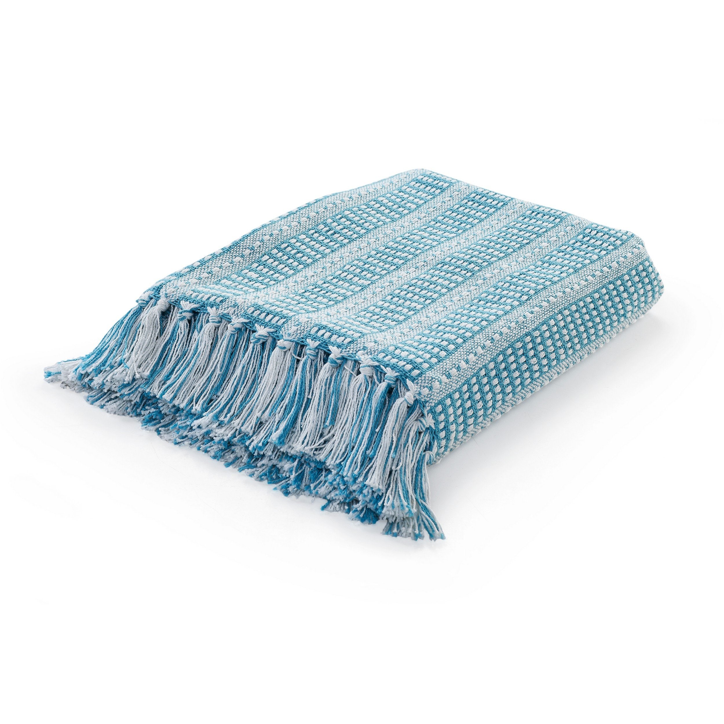 LR Home Cyan Blue White Striped Hand Woven Organic Cotton Throw