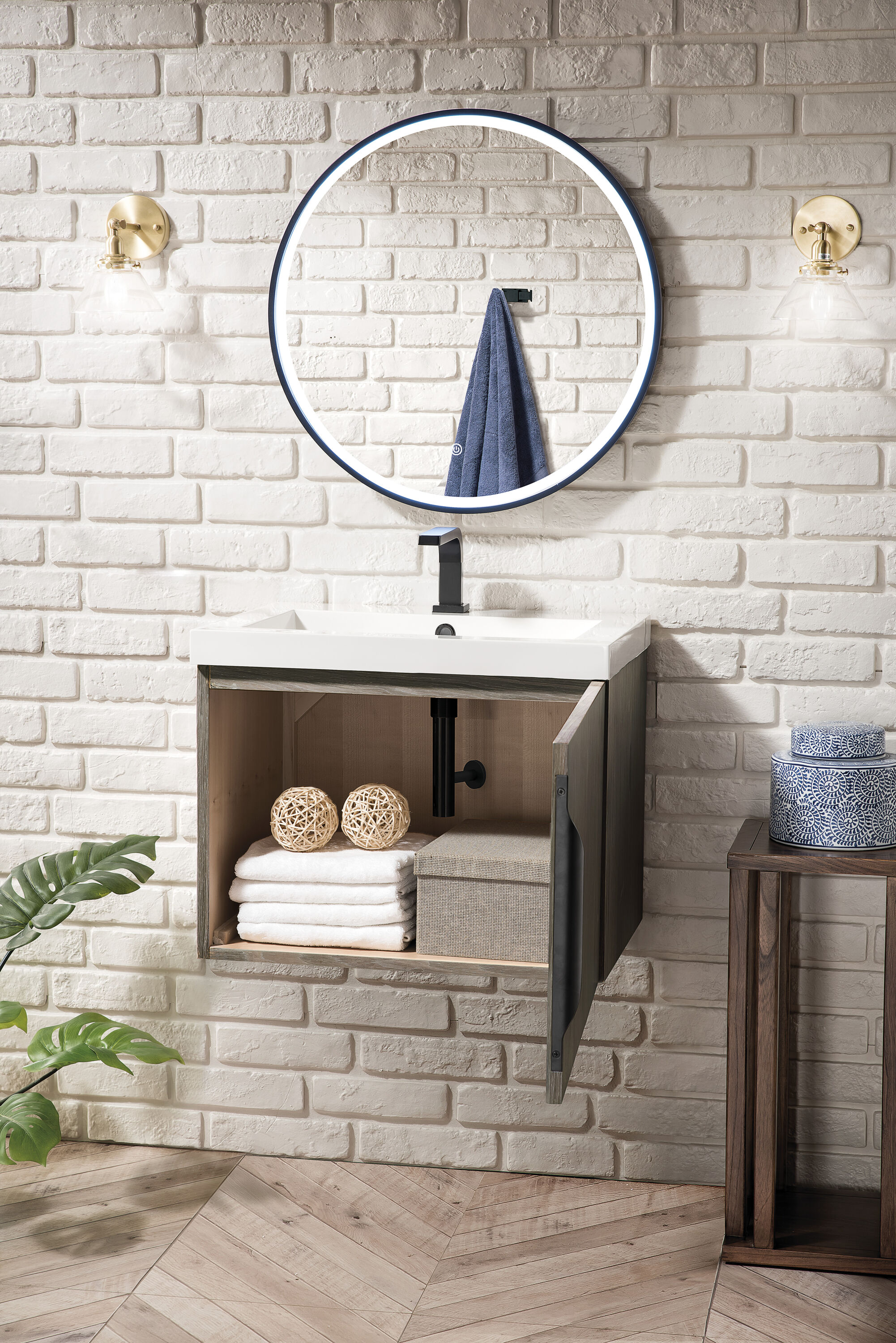 Ash Gray Engineered Wood Wall-Mount Vanity with Mineral Composite Top