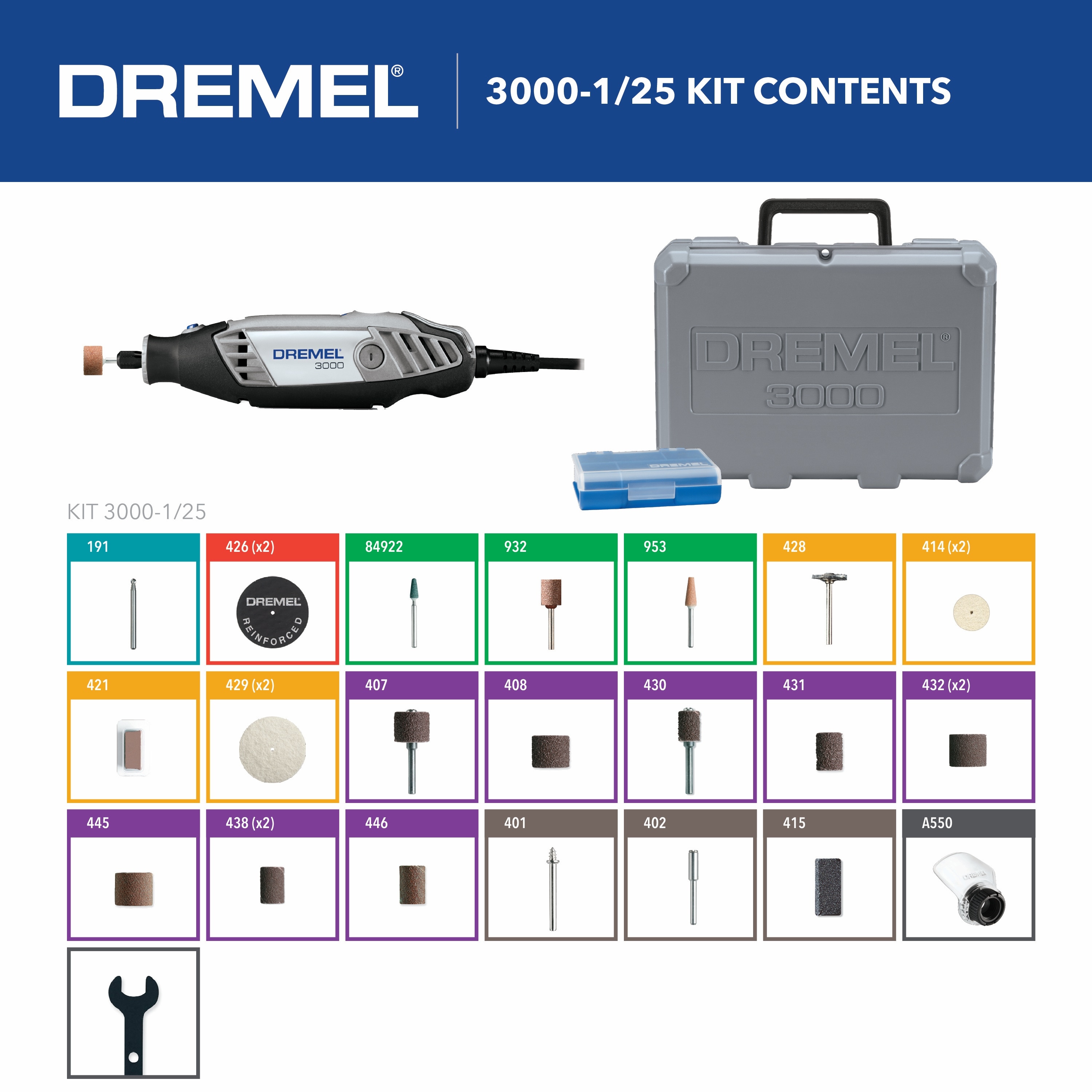 Dremel 3000-2/28 Rotary Tool Kit with Flex Shaft Attachment and MultiPro  Keyless Chuck 